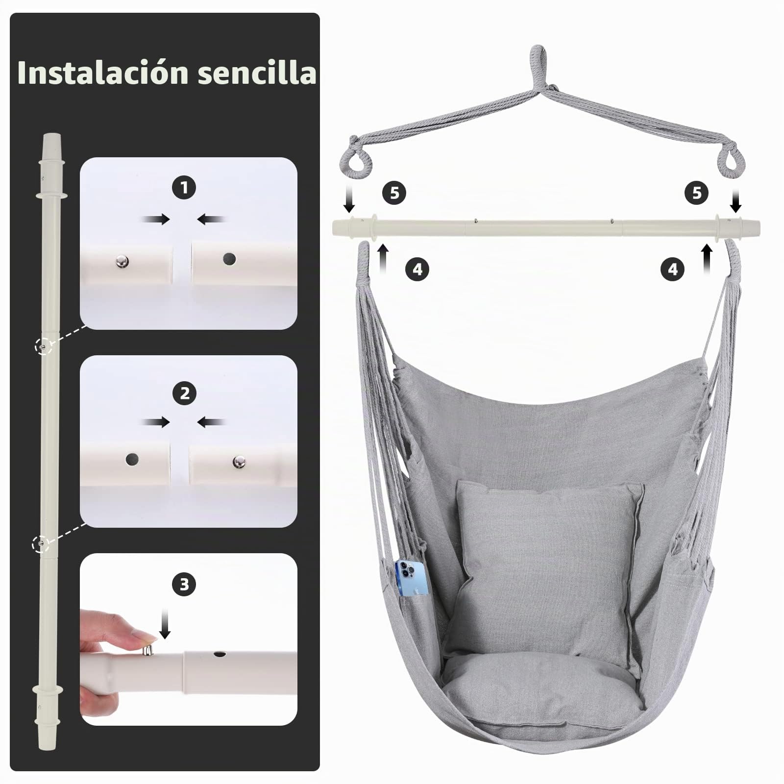 Goutime Silla Columpio Silla de Hamaca Grande de algodón Suave con Dos Cojines Almohada con Bolso Interior/Exterior/Dormitorio terraza jardín balcón 330 LB (Gris) | Sillón balancín con capacidad máxima de 150 kg para balcón, jardín, patio, dormitorio, gri