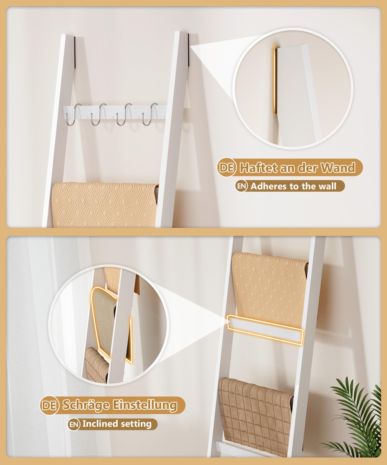 Yorbay Échelle Porte-Serviettes en Bambou à 6 Niveaux, avec 2 Sangles de Sécurité Anti-Chute et 4 Crochets Porte-Serviettes pour Salle de Bain Chambre à Coucher HxB 170 x 43 cm (Blanc)
