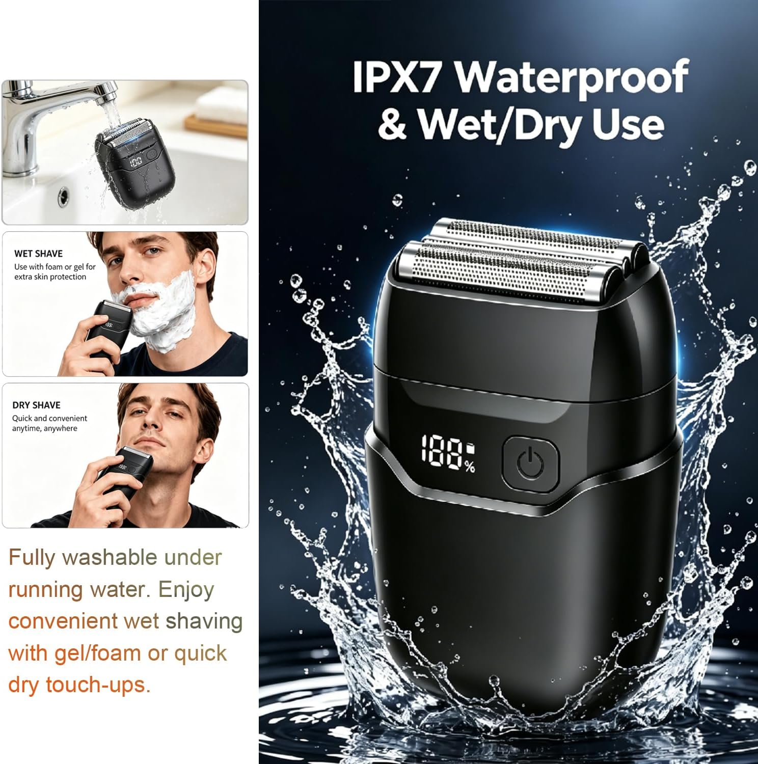 Men’s Electric Shaver, 9500RPM High-Speed 3-Foil Shaver with LED Display, 3D Floating Head IPX7 Waterproof Wet Dry Rechargeable Razor, Dual Speed, USB-C Fast Charging