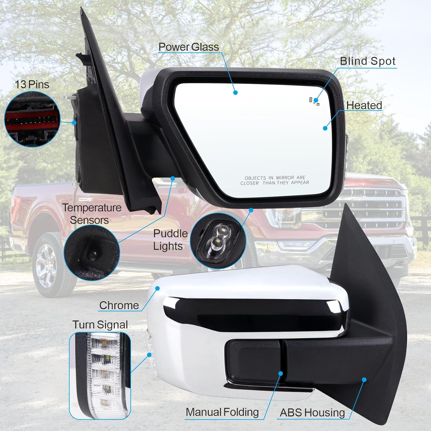 right passenger side door mirror compatible with 2021-2026 ford f150 with manual folding heated blind spot turn signal light puddle light temperature sensors chrome replace#ml3z17682sa(13pins) r chrome-13pins