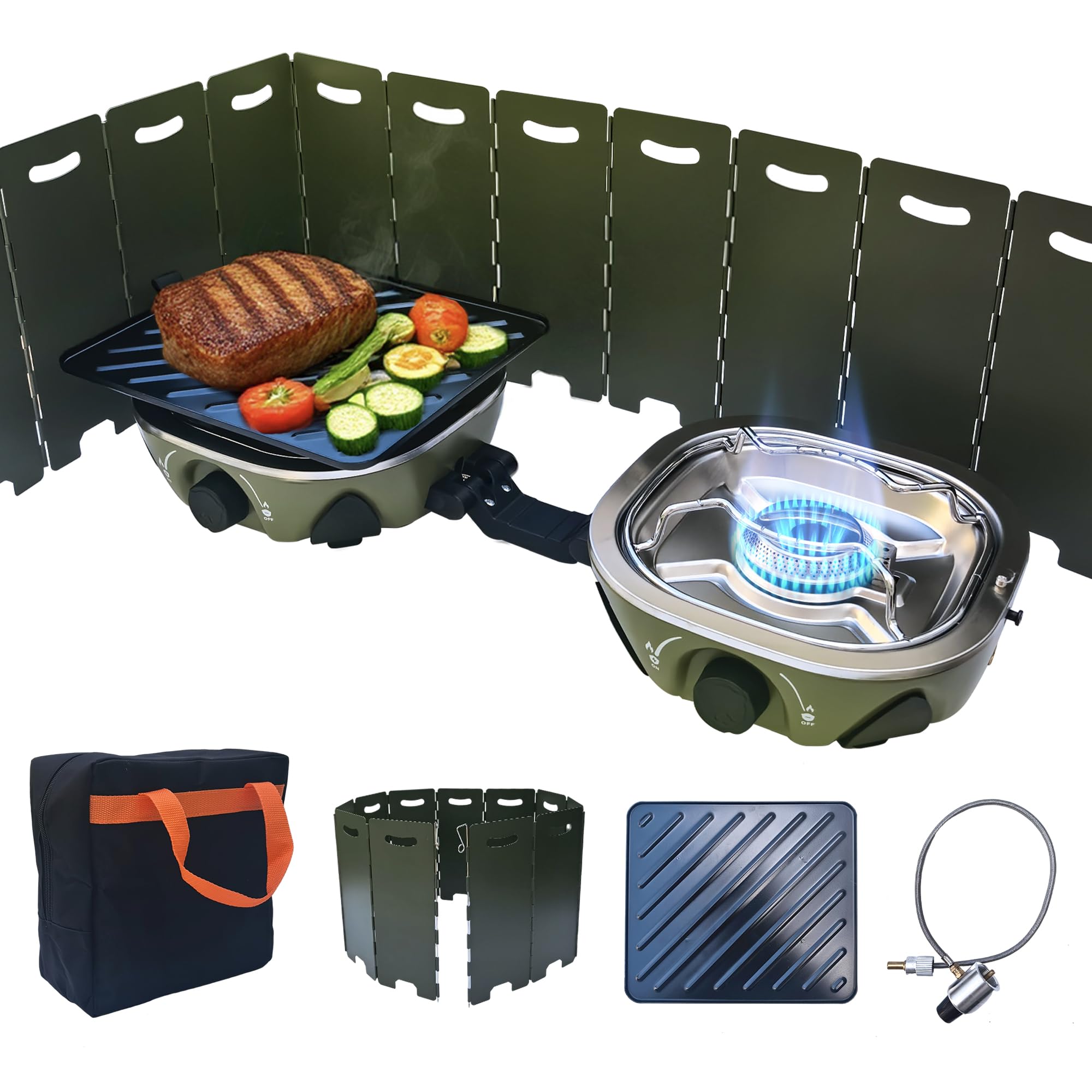 Réchaud de camping portable à 2 brûleurs - 3000 W x 2/1,74 kg - Léger et pliable - 2 feux avec allumage piézo - Plaque de cuisson et tuyau de gaz - Pour barbecue extérieur, randonnée et