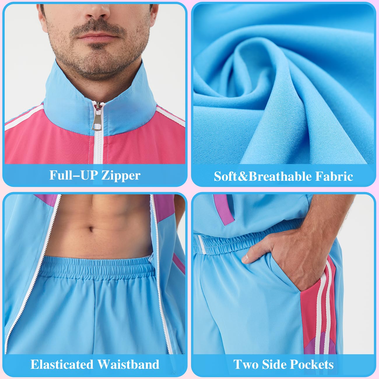 80er 90er Jahre Outfit für Herren Trainingsanzug Shorts Set Herren 80s 90s Retro Jacke Outfits Kostüm für Party