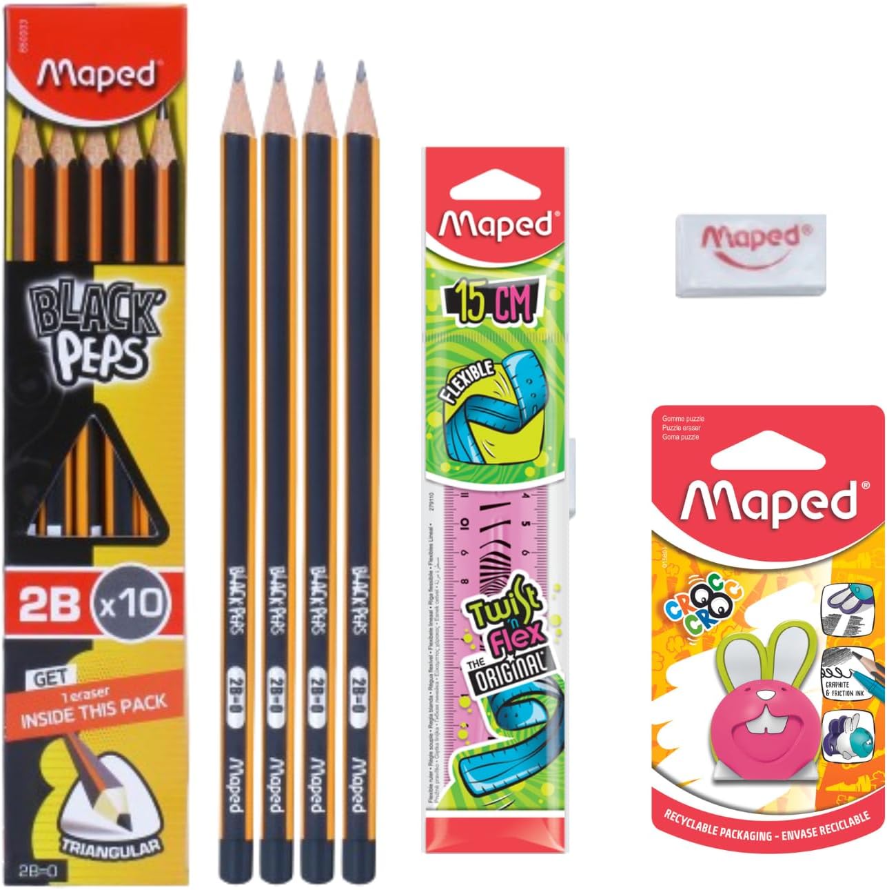 Maped Study Kit | Complete Stationery Kit|2B Graphite pencils,Twist & Flex Ruler, Funny Croc Croc Eraser| Perfect Writing Kit|Ideal stationery kit|Pencil Set|Essential Stationey|Stationery Return Gift