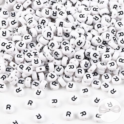 Vellibring 500 cuentas de letras, pequeñas cuentas de plástico blanco y negro, cuentas redondas del alfabeto, R para joyería, pulsera, collar,
