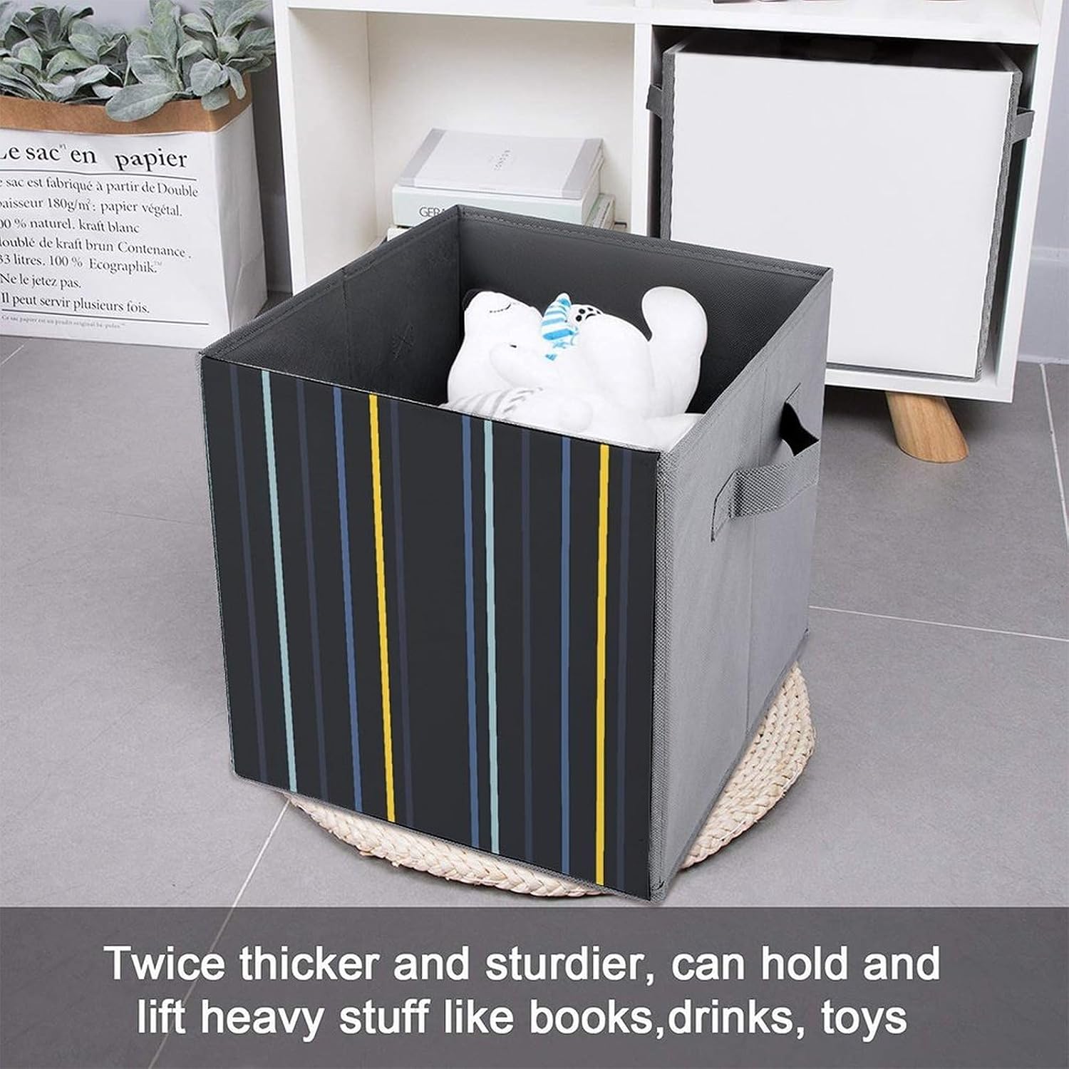 Folding Storage Bins Oxford Fabric Clothes Storage Boxes with Handles | Yellow Striped Pattern Cube Organizer, Easy to Store, Multi Functional Cube Storage Organizer for Office Bedroom