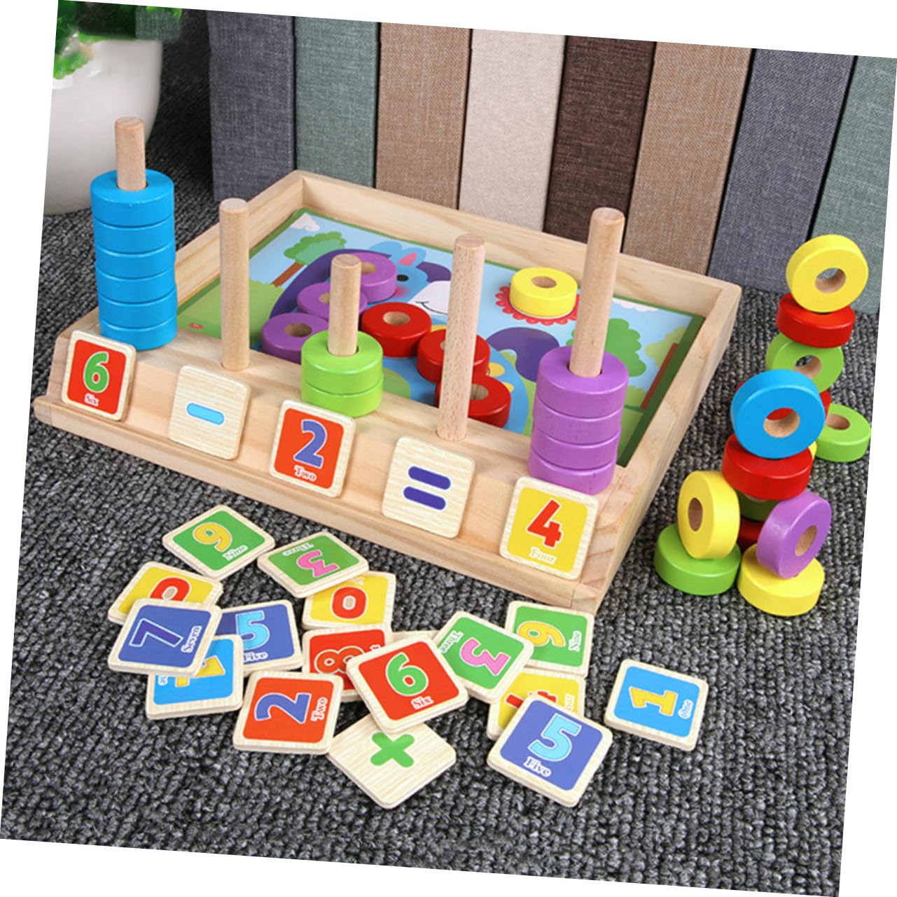 FRCOLOR Caja de Bloques de Construcción de Madera Montessori para Juguete Educativo Multifuncional de Matemáticas Rompecabezas y Cubos de Aprendizaje Seguro y Didáctico para Niñas y