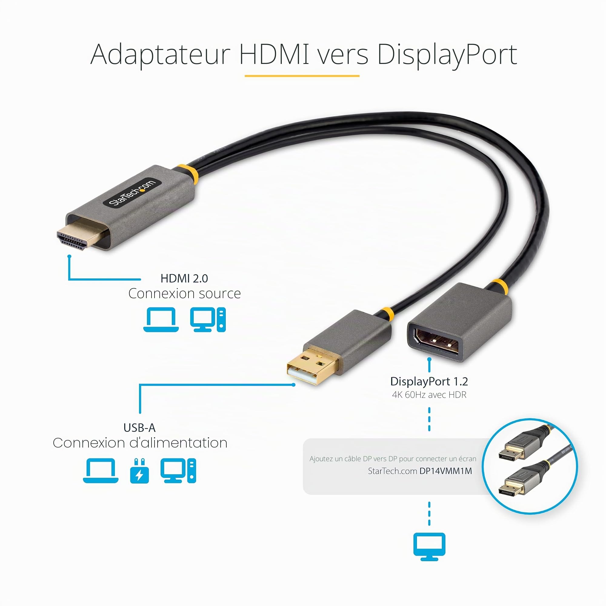 StarTech Câble Actif HDMI 2.0 vers DP 1.2 de 30cm, 4K 60Hz, HDR