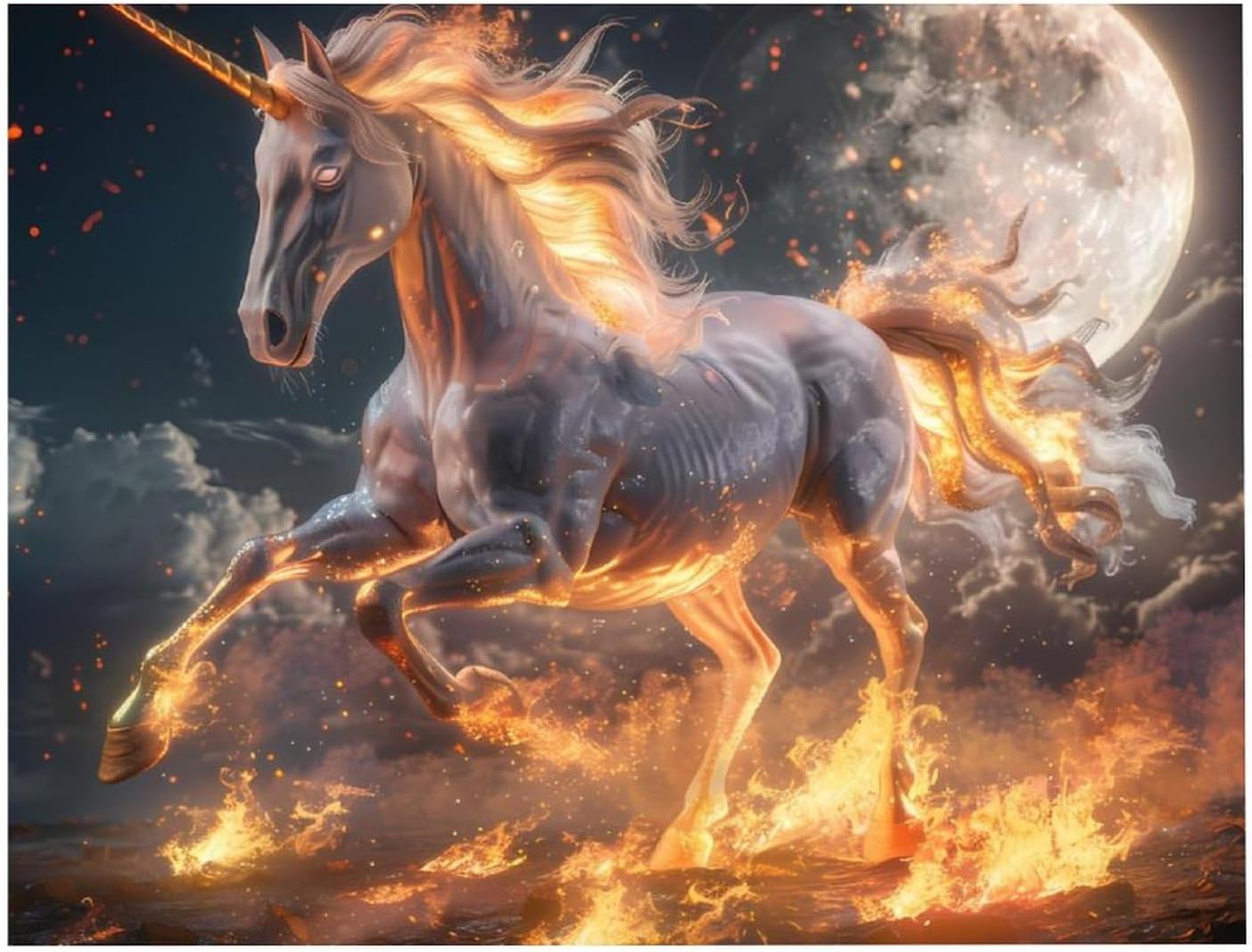 Unicorm Flames And Moon Printed Diamond 5D Painting Kits DIY Full Drill Crafts for Home Wall Decor 16x20 Inch Yellow Wood 50 * 40cm