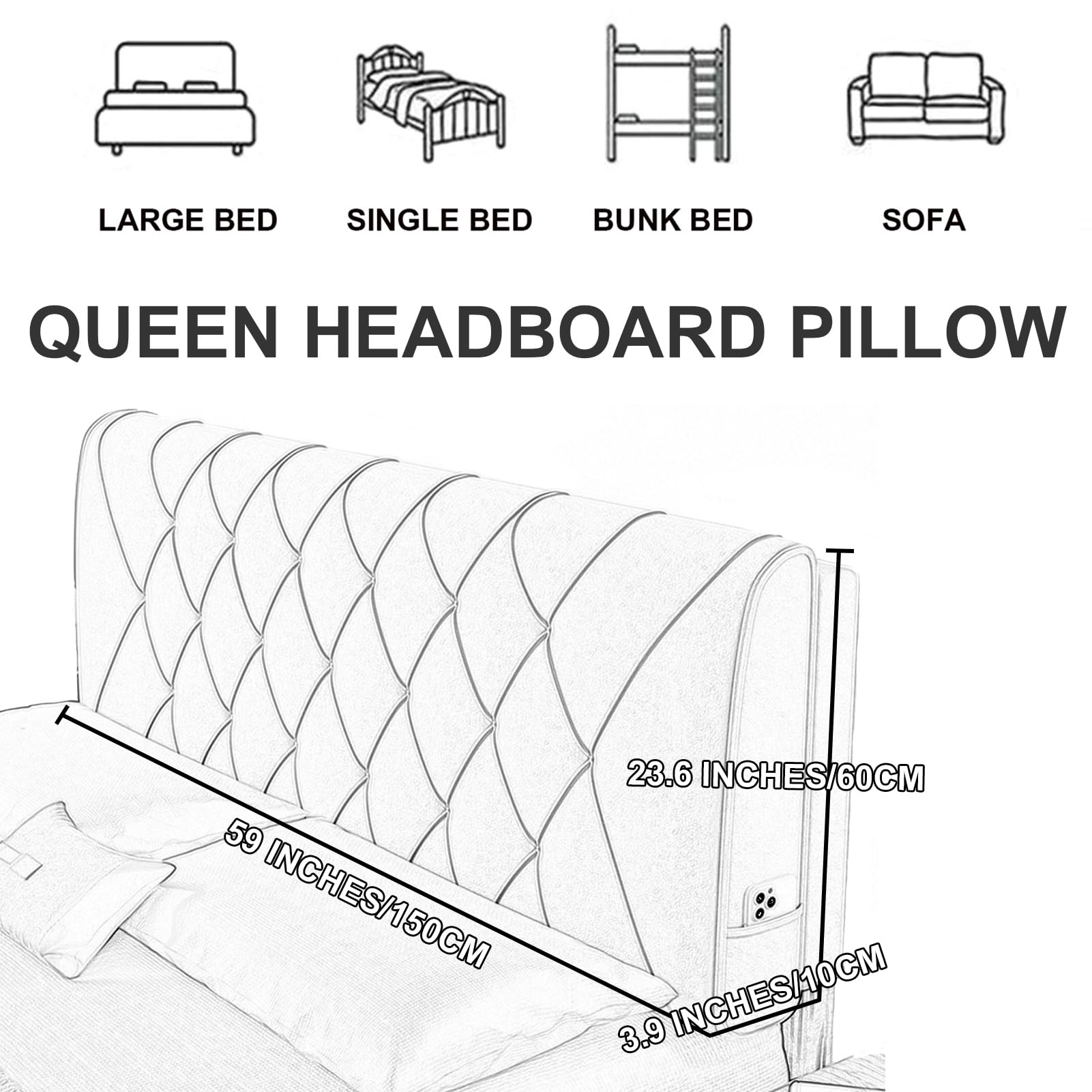 Cabecero rectangular con cojín grande de apoyo para pared, color sólido, tapizado, respaldo de dormitorio, funda extraíble, color amarillo, 59 x 23 x 4 pulgadas