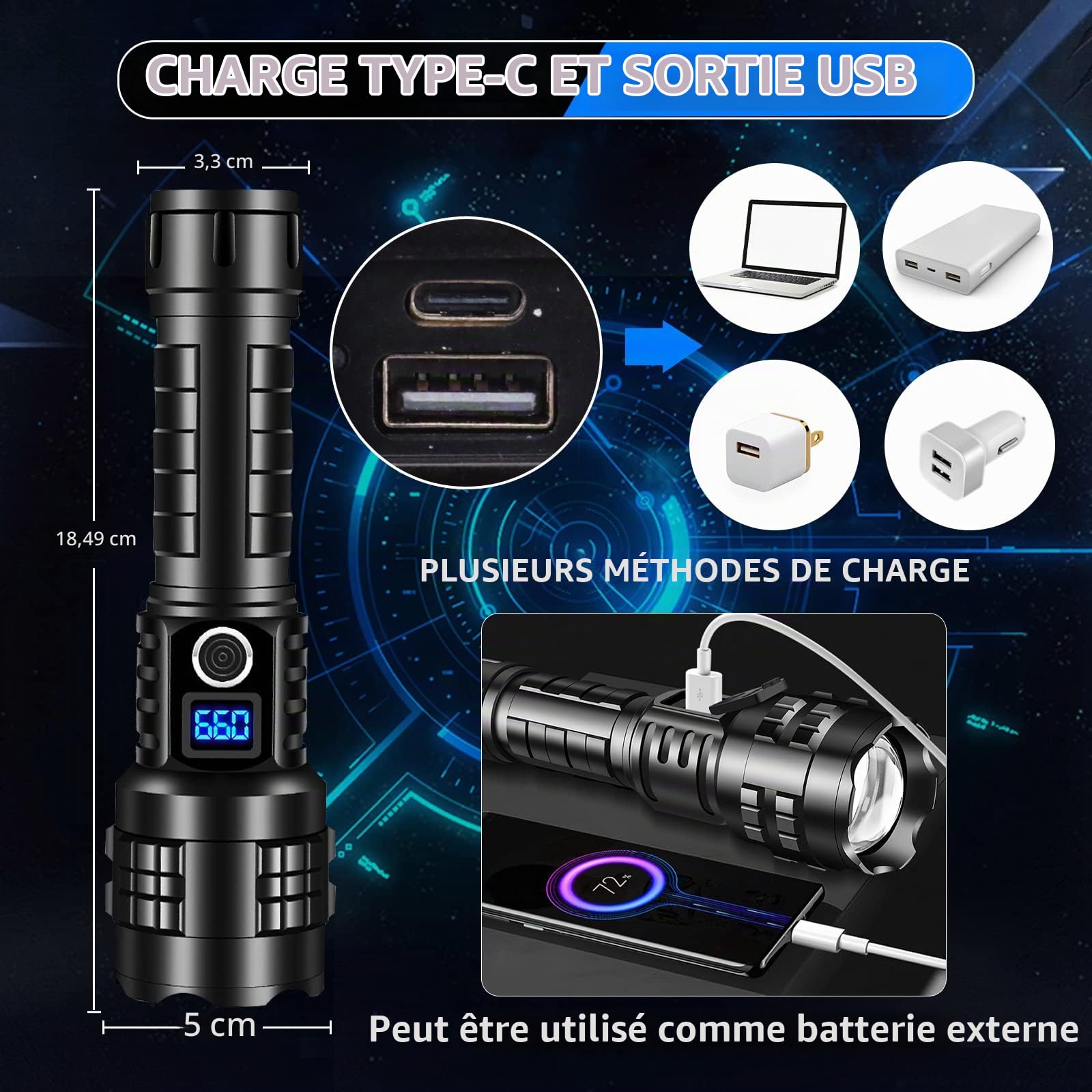Lampes de poche rechargeables XHP99 haute luminosité 990 000 lumens LED tactiques super lumineuses haute puissance, lampe de poche puissante pour la chasse, la randonnée, la bataille