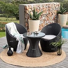 BRISHI Rattan & Wicker Garden Patio Seating Chair and Table Set Outdoor Balcony Garden Coffee Table Set Furniture and 2 Chairs 1 Table Set with Cushion ((Black)), 67 cm , 58 cm , 64 cm