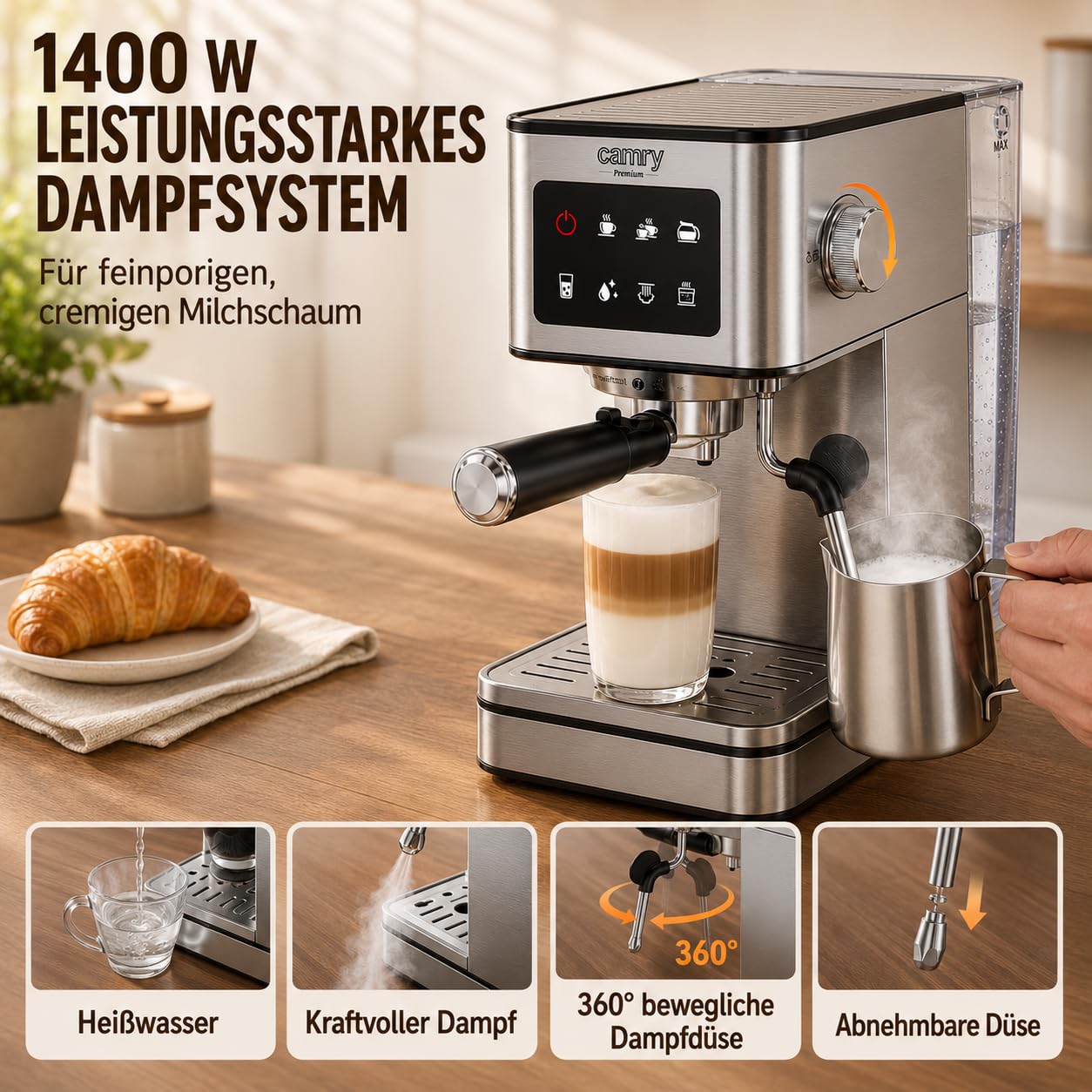 CAMRY CR 4389 Espressomaschine 7-in-1 – Milchaufschäumer, 1,7-l-Wassertank