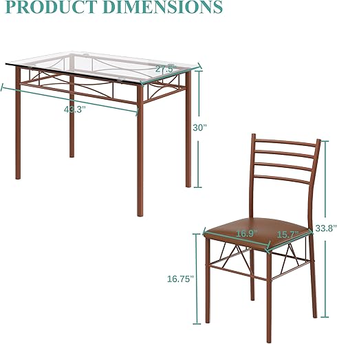 Vista 6 de VECELO Juego de mesa de comedor para 4, mesa de cocina de vidrio de 5 piezas con sillas acolchadas tapizadas para espacios pequeños, rincón
