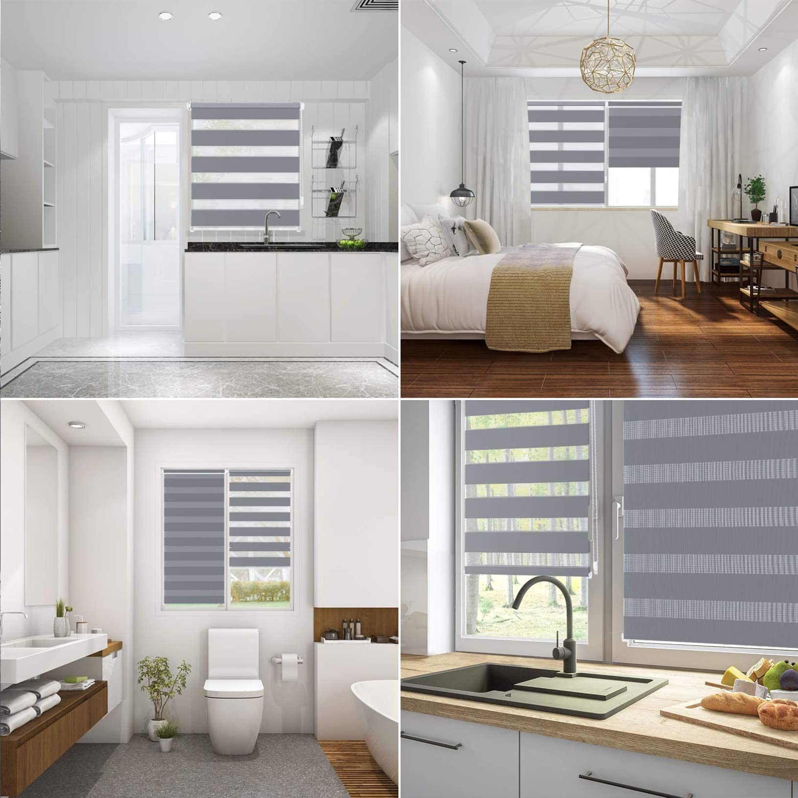 Persianas enrollables color gris claro de 95 x 300 cm, tela opaca e impermeable, mecanismo de cadena ajustable, filtro de luz de día y noche, para baño y oficina