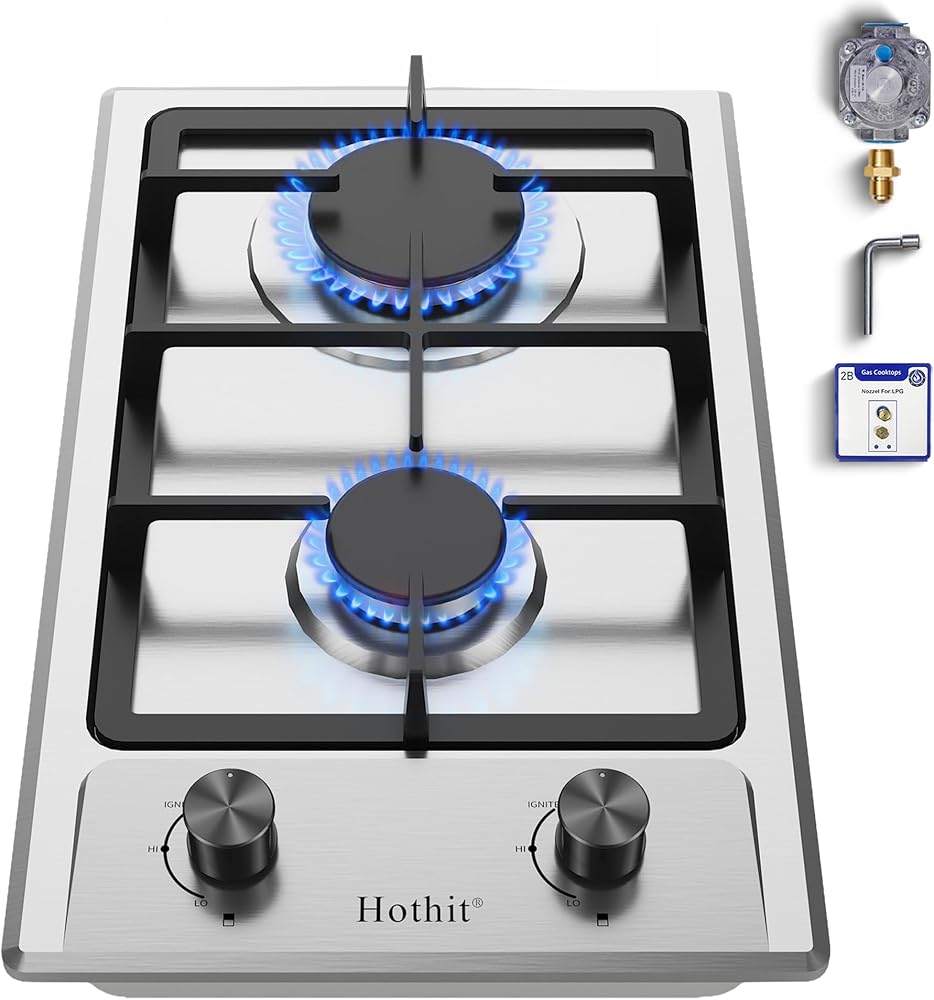 Hothit 2 Burner 12 inch Gas Cooktop, LPG/NG Dual Fuel Built-in Electronic Ignition Propane Stove Top with Pressure Regulator, Stainless Steel Gas Hob for Kitchen, Apartment, Outdoor(AHT12IN10S)