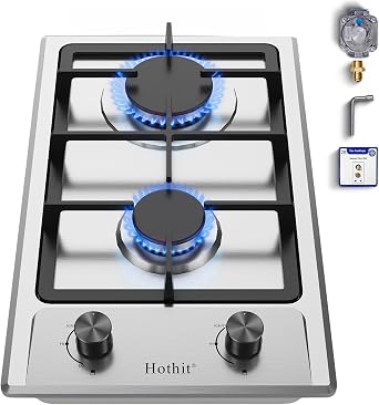 Hothit 2 Burner 12 inch Gas Cooktop, LPG/NG Dual Fuel Built-in Electronic Ignition Propane Stove Top with Pressure Regulator, Stainless Steel Gas Hob for Kitchen, Apartment, OutdoorAHT12IN10S