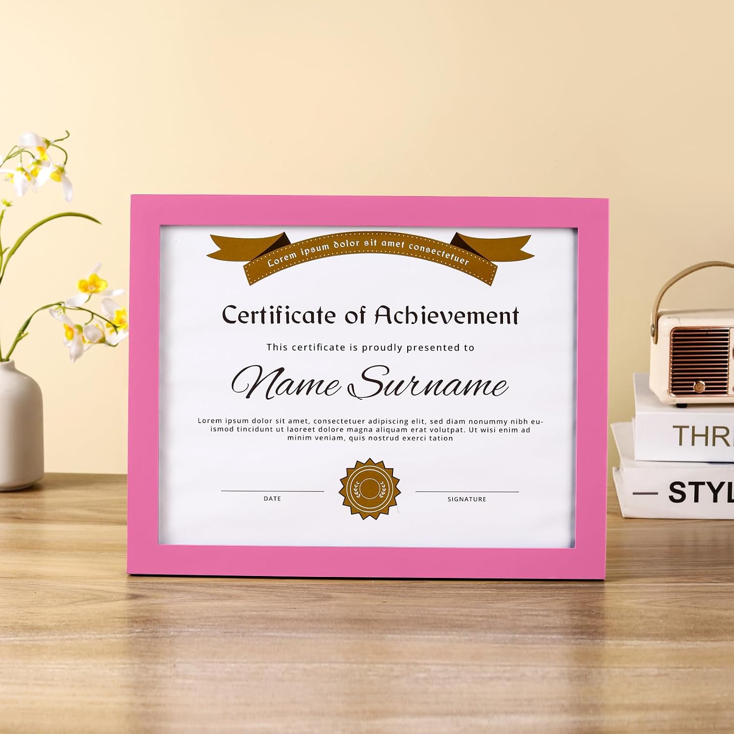 wyooxoo 8.5x11 Diploma Frame Certificate Frame Made of Solid Wood, 8.5 by 11 Picture Document Degree Frames for Wall and Tabletop, Graduation Gift, Pink 1 Pack