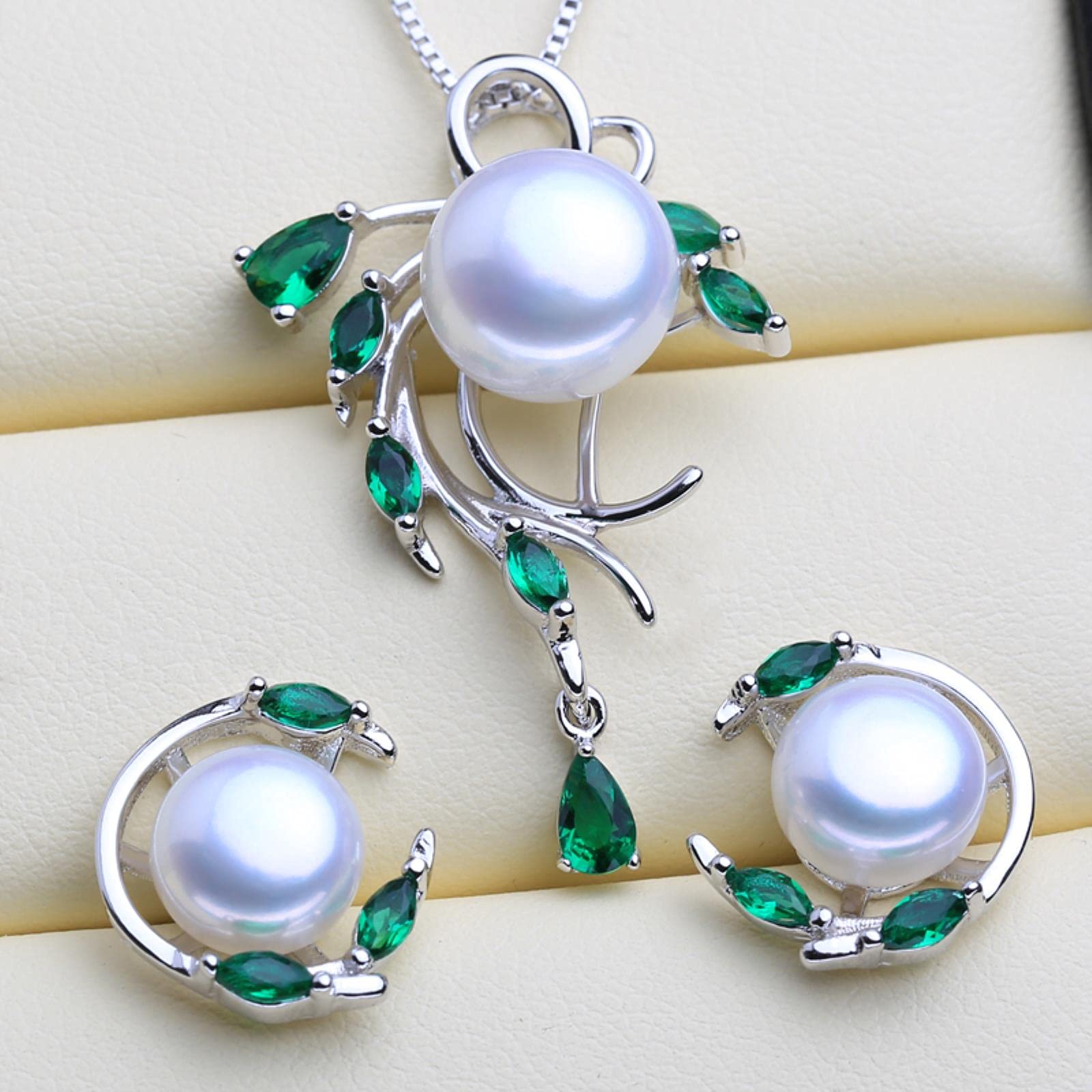 925 Sterling Silber Smaragd Perle Schmuck Sets Natürliche Ohrstecker Böhmische Anhänger Halskette Frauen Grüne Steine ​​ring
