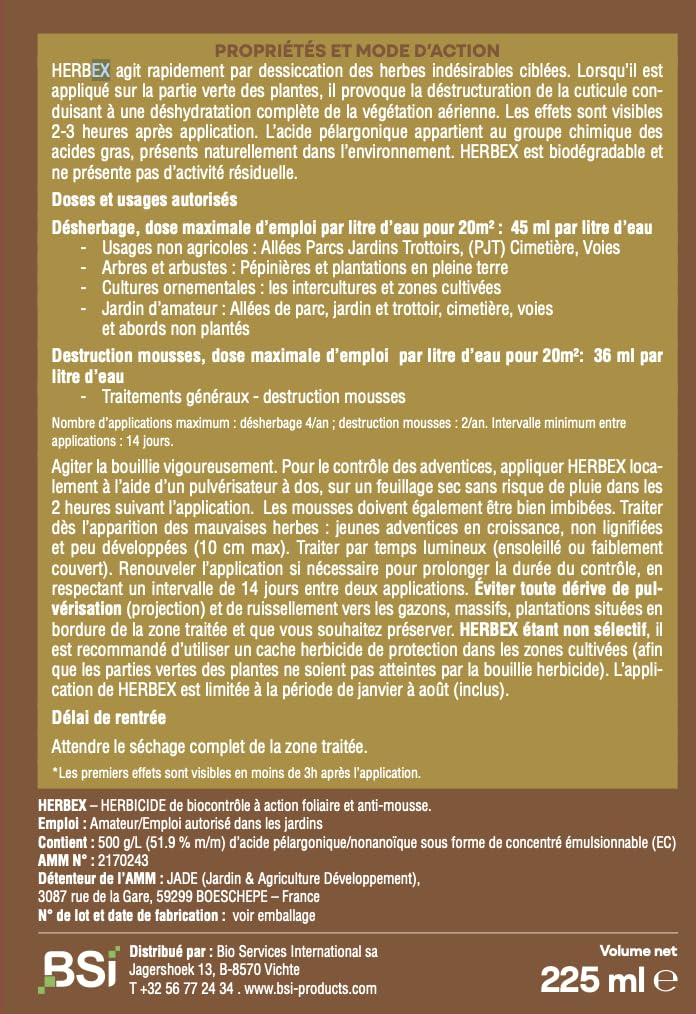 BSI Désherbant Jardin Action 2 En 1 225 ml Acide Pélargonique Jusqu'à 125 m²