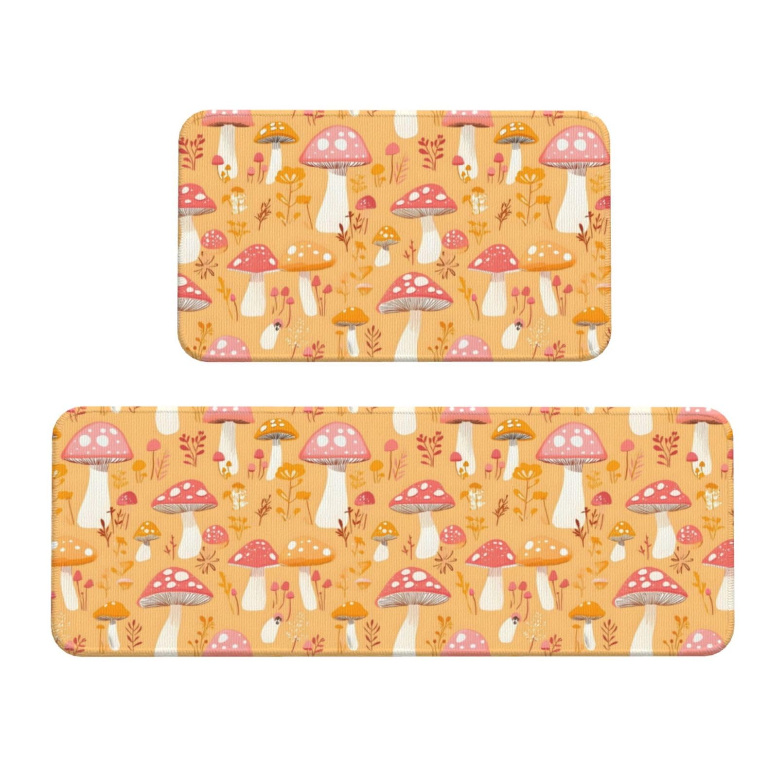 GVYGVY Antifatigue Kitchen Mats for Floor 2 Piece - Mushroom Pink Orange Print Kitchen Rugs Washable, Non Slip Runner Rug Standing Mat for Office/Bathroom/Laundry/Home Decor and Accessories