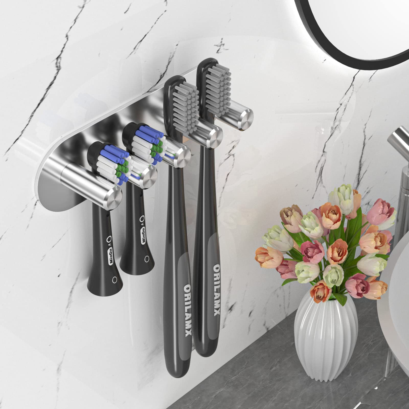 YAYINLI Toothbrush Holder, Electric Toothbrush Holder Wall Mounted, Anti-Rust Metal Toothbrush Head Holders for Bathroom, Self Adhesive Non Screw Tooth Brush Holder Organiser (Silver, Large)