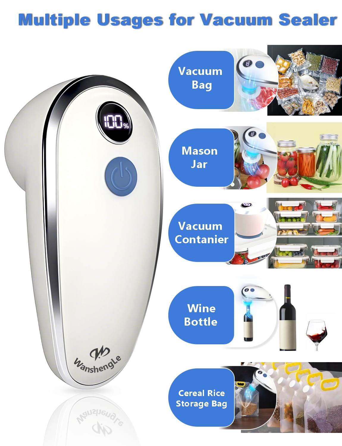 WanshengLe Handheld Vacuum Sealer for Food(Compact Vacuum Sealer Machine + Glass Vacuum Containers+ 5 Reusable Vacuum Bags), Portable Food Sealer, Vacuum Seal Machine, Glass Meal Prep Containers