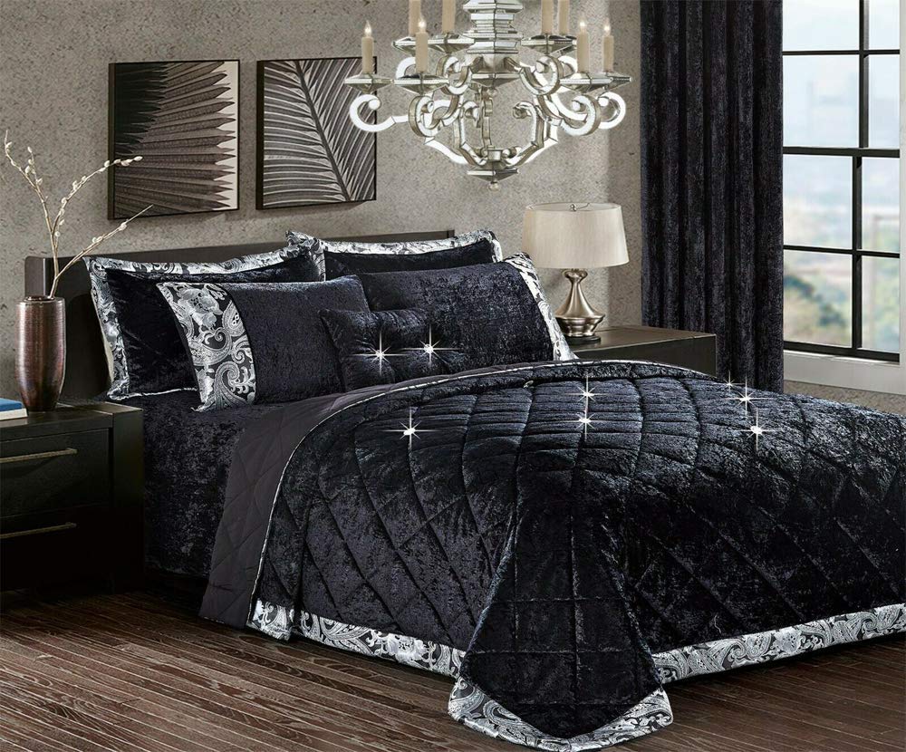 Householdfurnishing 3 Piece Crushed Velvet Bedspread/Comforter with pillow Shams (Santiago/black, Double)