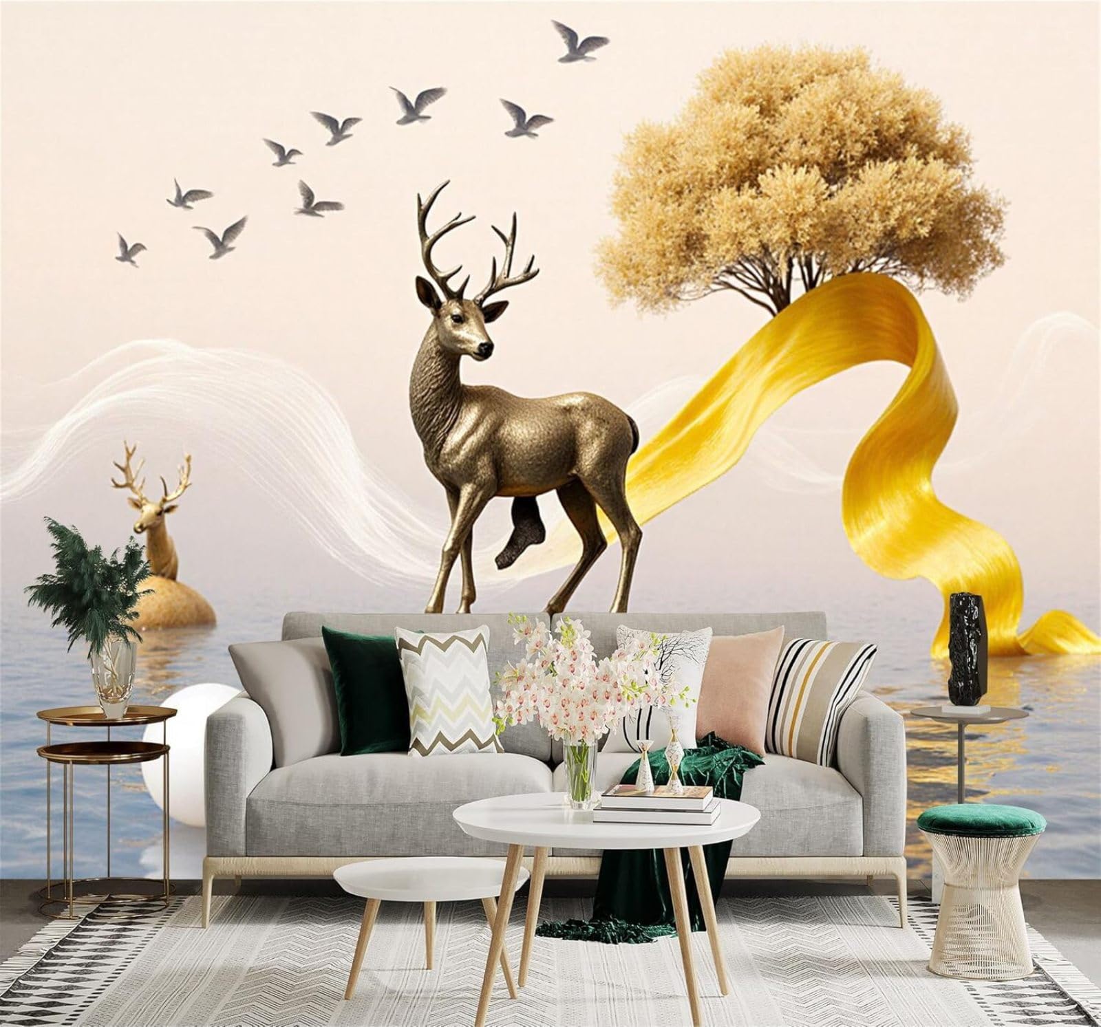 XLMING Golden Deer Trees Birds in Flight Lakes Landscapes 3D Wallpaper Silky Texture Home Study Office Grey Dining Room Sofa Bedroom Living Room TV Backdrop-150cm×105cm