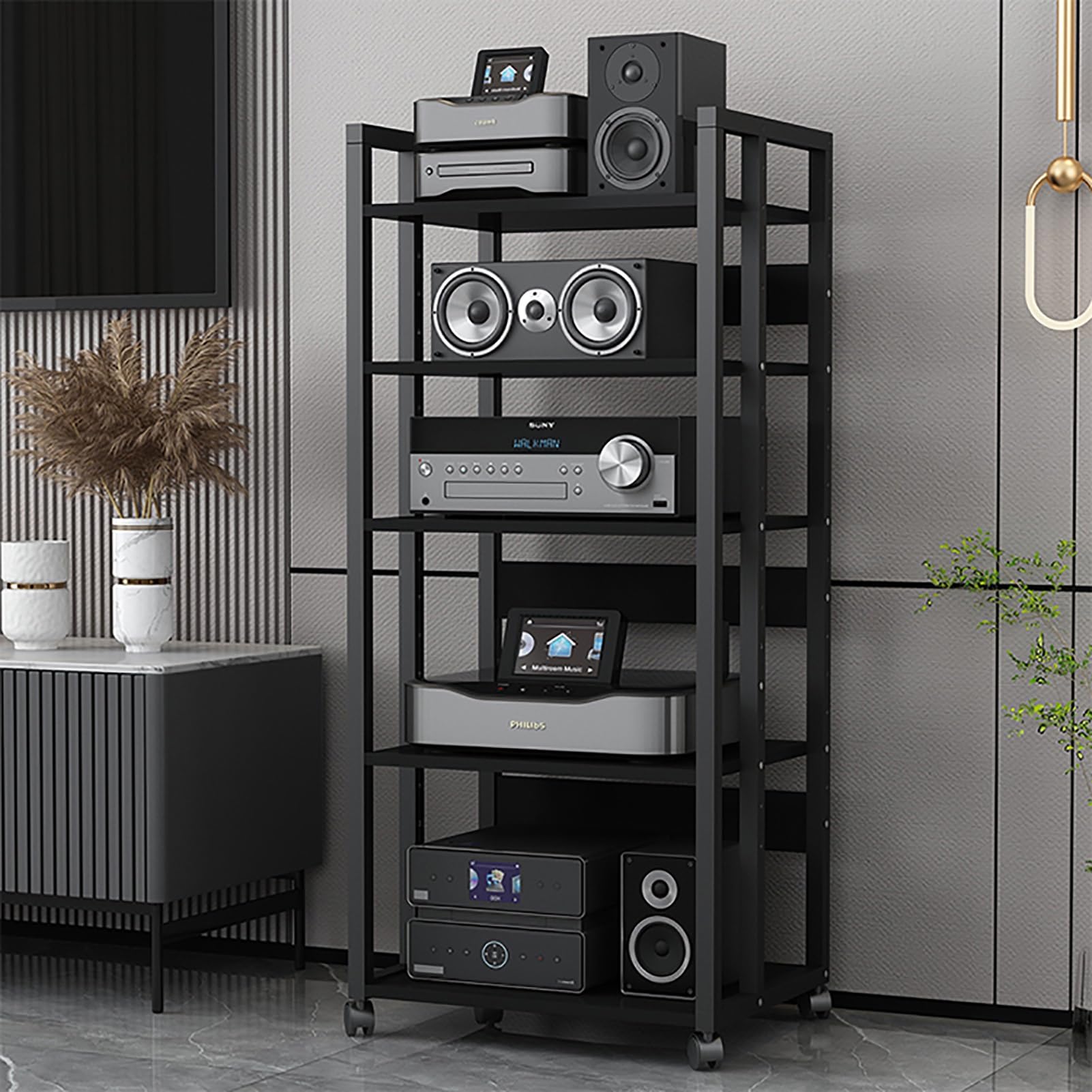 Onwowsun Multilayer Movable AV Media Stand, Media Storage Cabinet, Rack Audio Tower with Adjustable Shelves, Record Player Stereo Cabinet, Black (Size : 6 Layers)