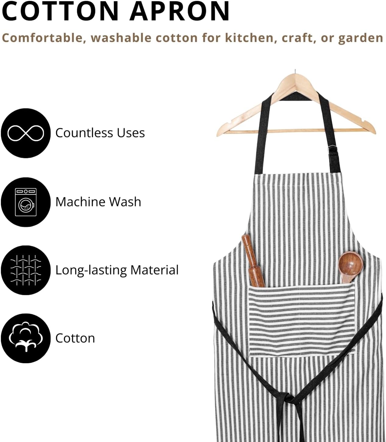 Striped Adjustable Kitchen Aprons with 2 Pockets, Cotton