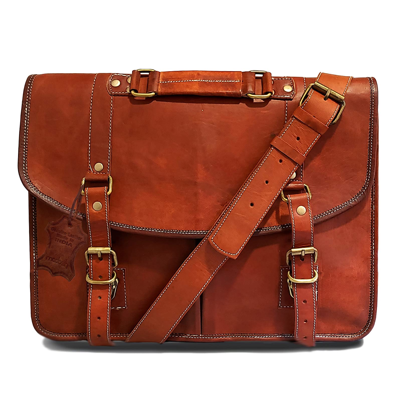 Madosh, Men Briefcase Leather Bag Genuine Leather Business Office Laptop Work Bag Crossbody Vintage Messenger Bags