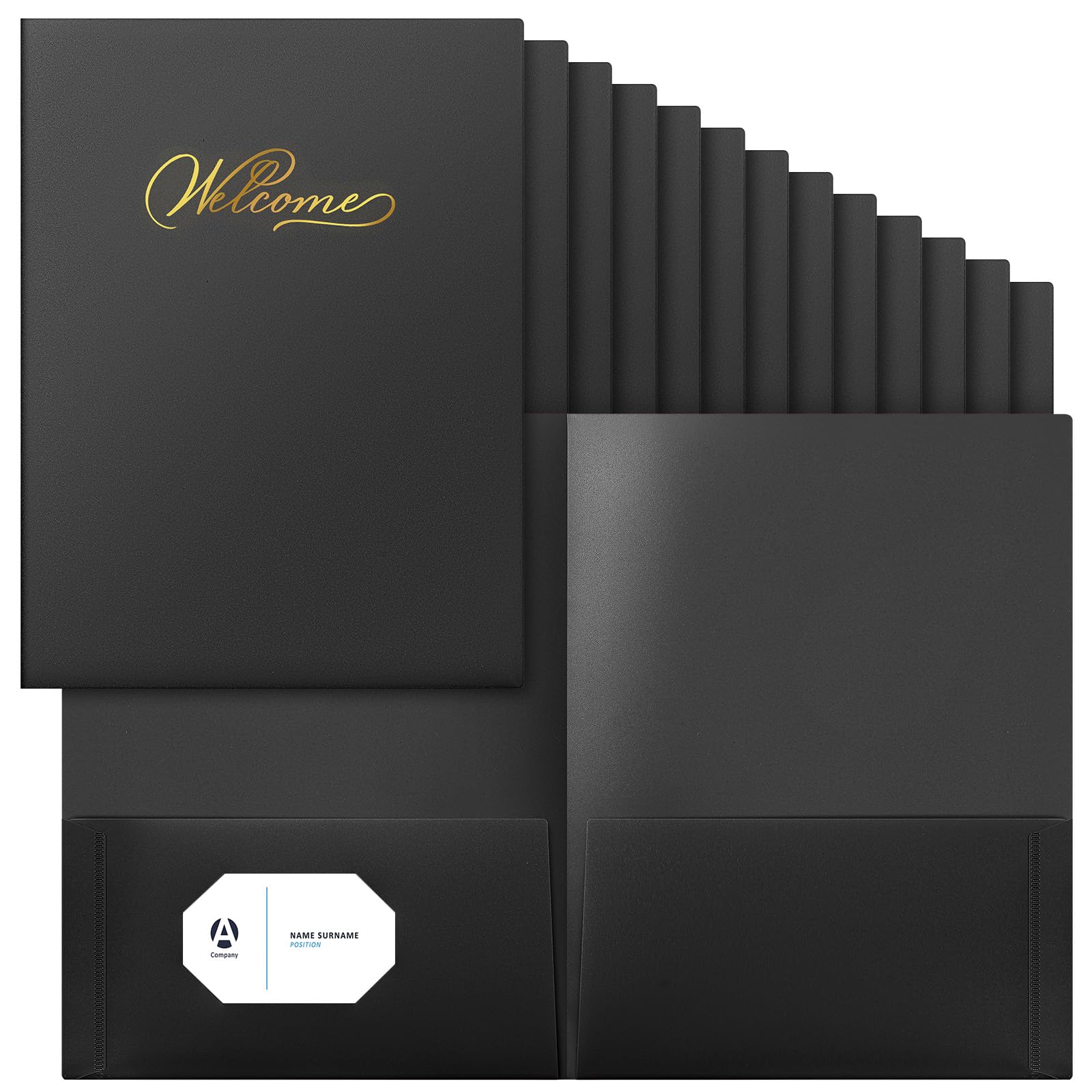 Henoyso 24 Count Welcome Pocket Folders, Two-Pocket Folder Gold Foil Stamped Welcome Presentation Folders Business Card Insert for Membership, Church, Team, New Hire, Visitors (6 x 9 Inch,Black)