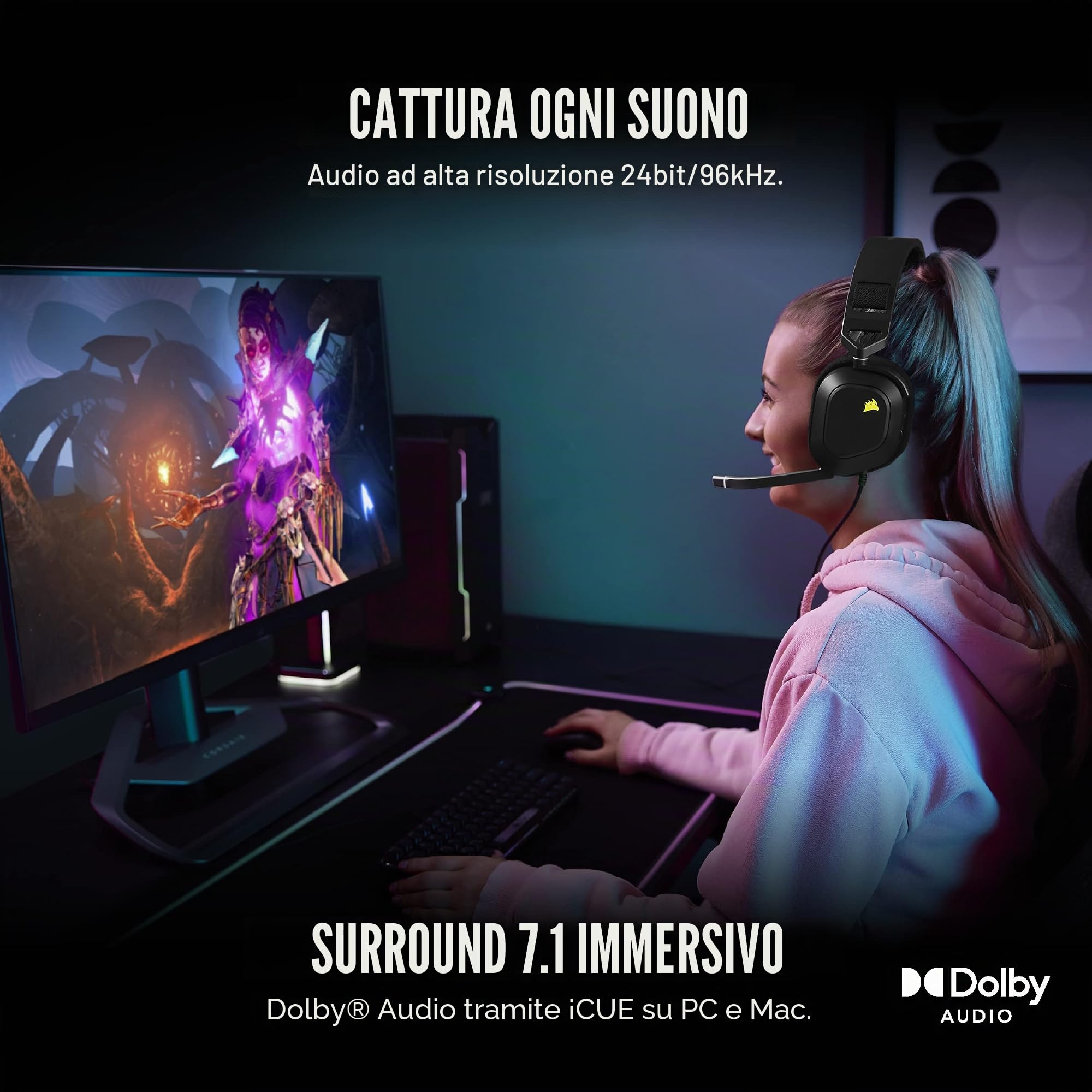 Corsair HS80 RGB USB Premium Gaming Headset con Dolby Audio 7.1 Surround Sound (microfono omnidirezionale di grado broadcast, cuscinetti auricolari in memory foam, suono ad alta fedeltà, costruzione