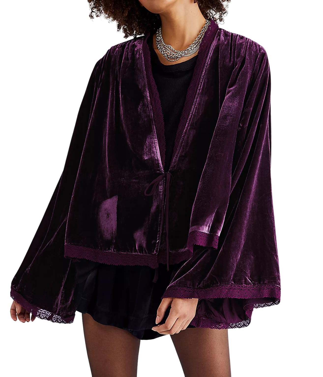 Womens Velvet Kimono Cardigan Tops Tie Front Bell Sleeve Lace Trim V Neck Loose Short Coat Trendy Jackets