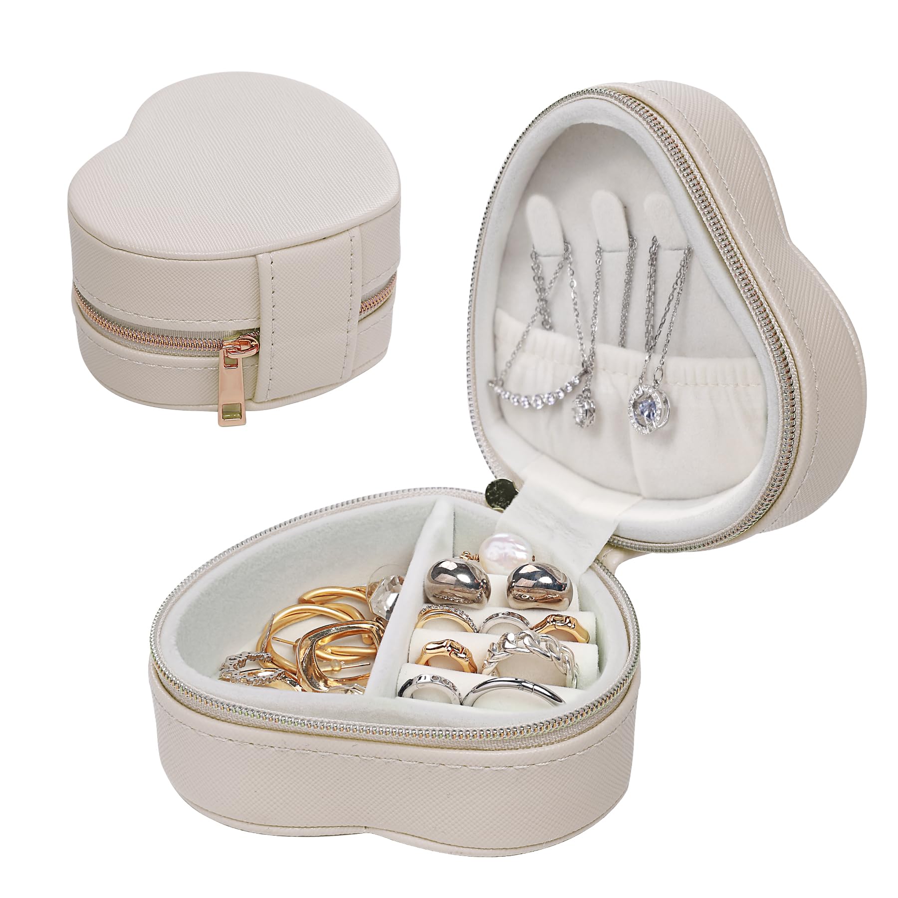 GenericSmall Heart Jewelry Organizer for Girls Birthday Gift Pu Leather Travel Case for Rings Earrings Necklaces Organizing Portable Mini Jewelry Box for Women (White)
