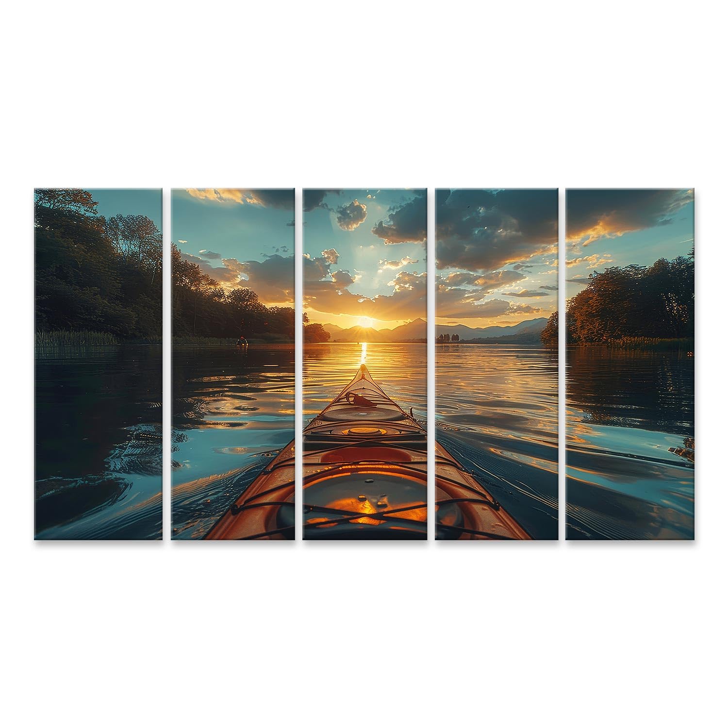 islandburner Primer cuadro sobre lienzo tranquilo kayak al atardecer en el mar rodeado de árboles, imágenes de aventura natural murales carteles