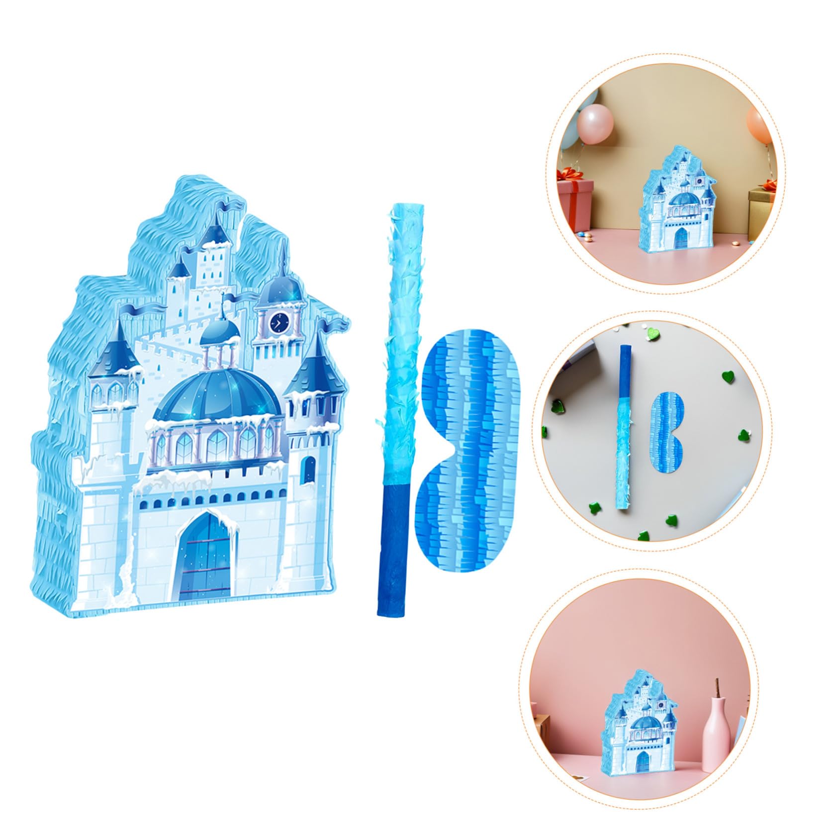 Winter Schloss Pinata mit Augenbinde und Schläger Hängende Weihnachts-dekoration Candy Holder für Kindergeburtstag Schloss Party Zubehör Blaue Eis