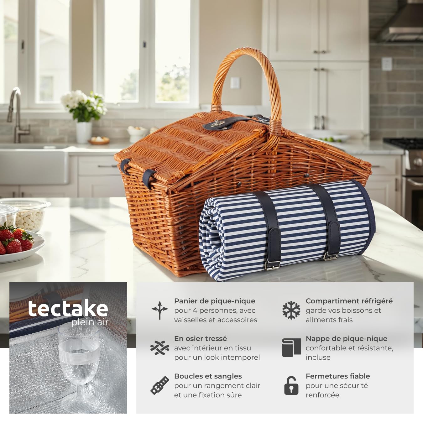 tectake® Panier en osier avec couvercle pique nique Set complet 4 pers. avec Nappe Assiettes Couverts Tire bouchon Verres à vin incassables Sac isotherme salière et poivrière pour Jardin camping plage