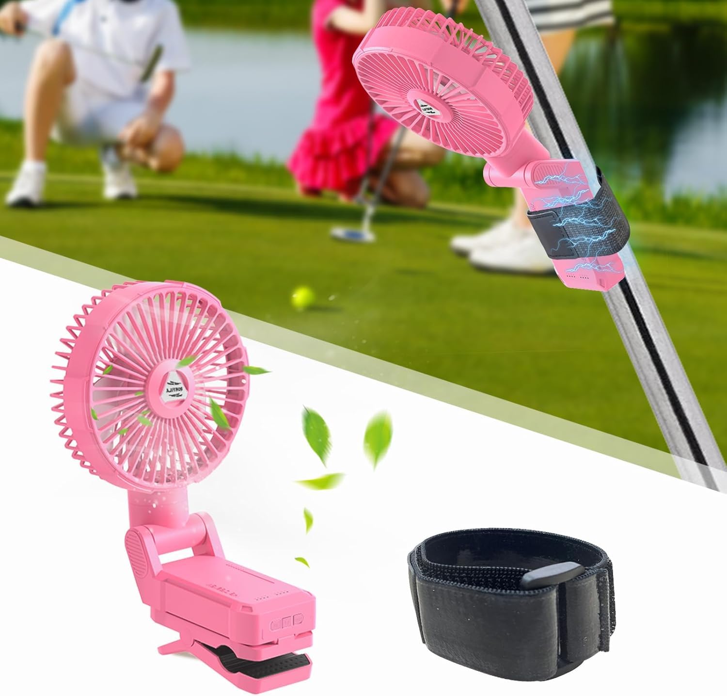 Ronyila Golf Cart Fan,Portable Camping Outdoor Fan Magnetic,Rechargeable Clip on Fan with Lights,10200mAh Battery Operated,4 Speeds