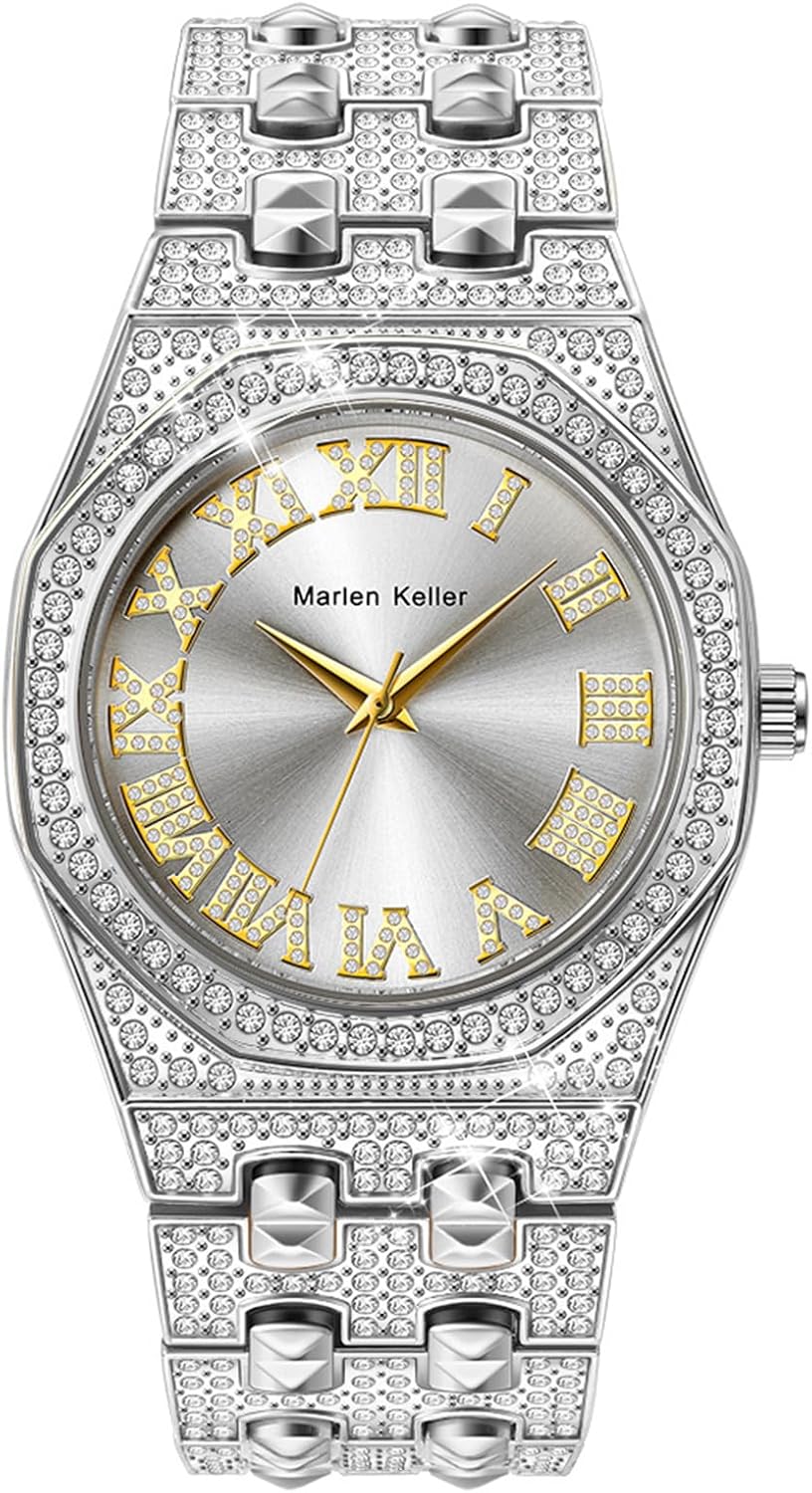 Gosasa Luxury Men's Diamond Watch Octagonal Roman Numerals Dial Bling Hip Hop Quartz Wristwatch for Men Gold Silver Bracelet with Butterfly Clasp