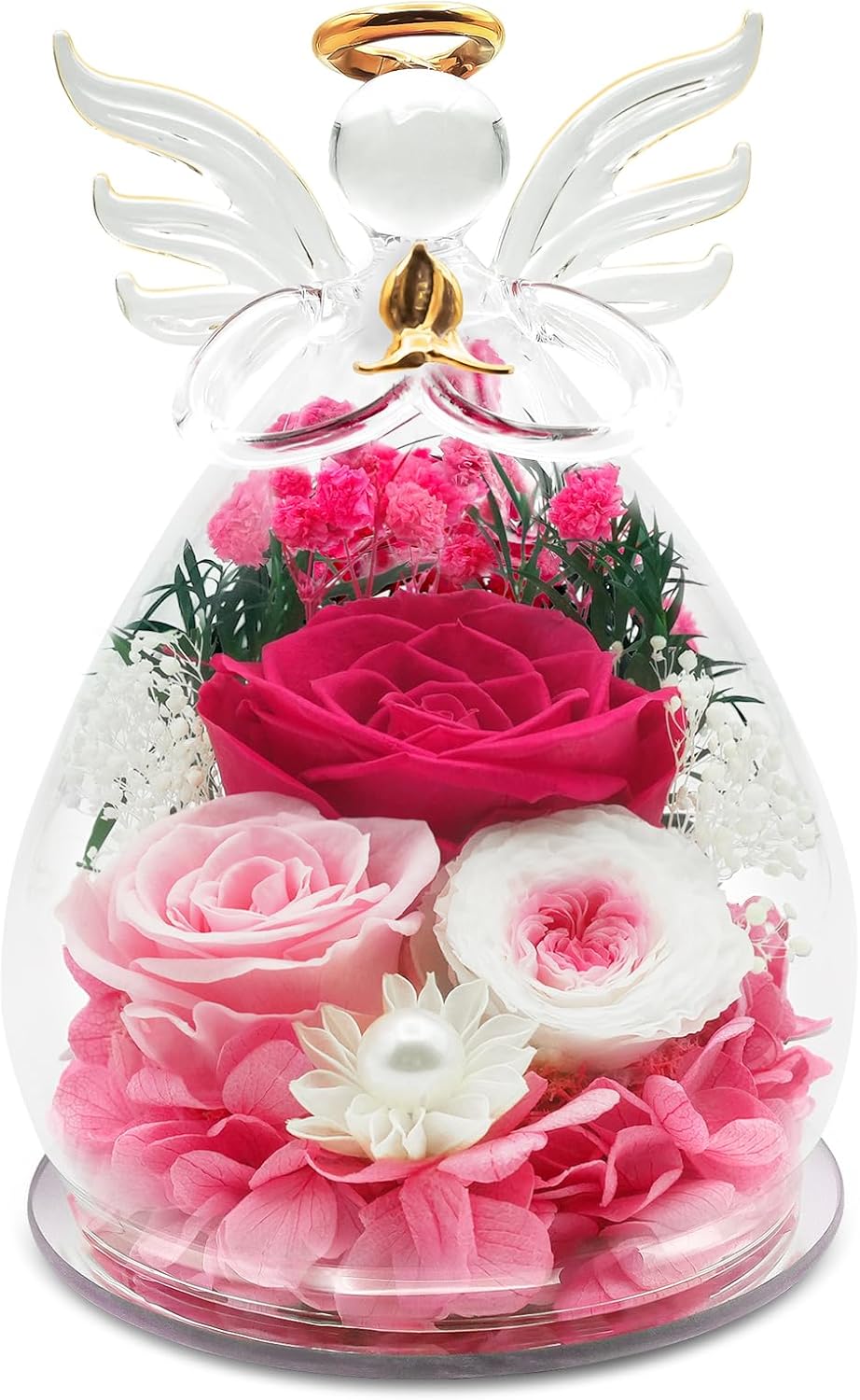 Birthday Gifts for Women Preserved Flowers in Glass Angel Figurines Forever Fresh Flowers for Delivery Prime Preserved Rose Gifts for Her Real Pink Rose for Mom Wife Sister Grandma on Anniversary 