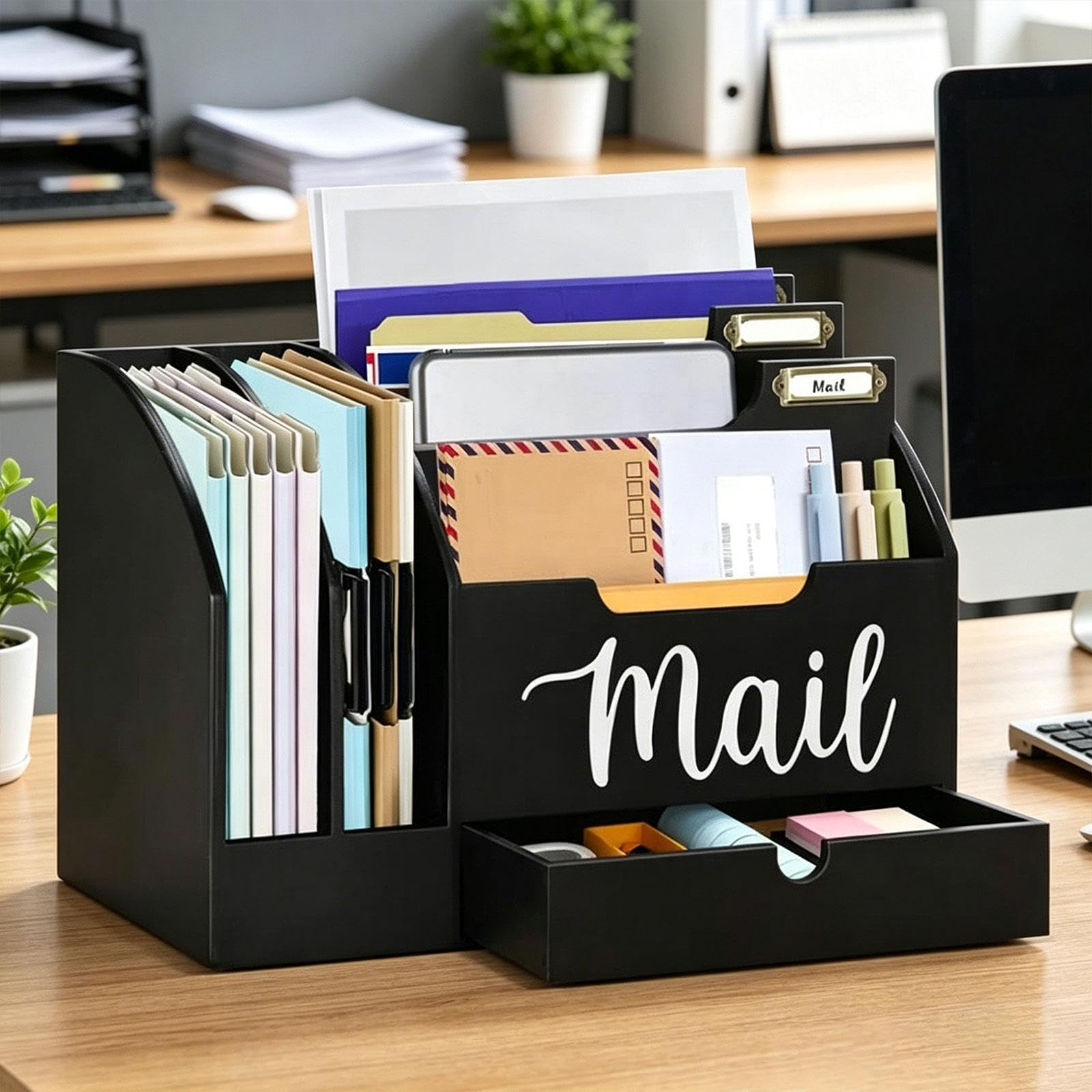 Organizer in Legno 6 per Scrivania Portabuste con Cassetto Supporto per Mail Organizzatore per Ufficio Accessori per Scrivania Moderni, Nero