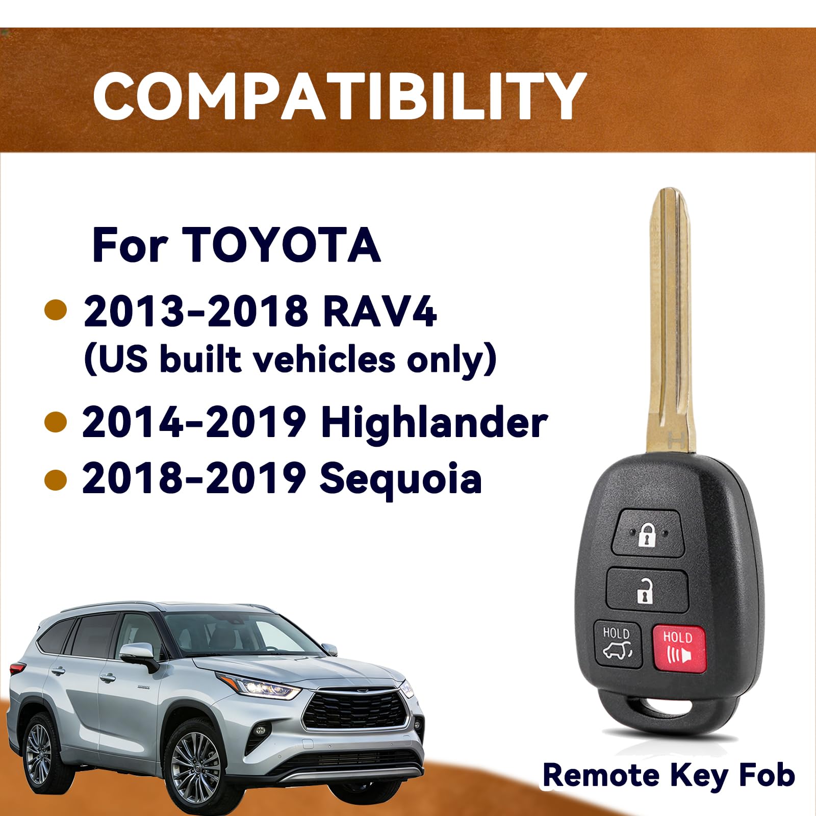 Chiave di ricambio per telecomando Toyota RAV4 14-19 Highlander 18-19 Sequoia 2013-2018 a 4 pulsanti GQ4-52T 89070-0R100 H-Chip (set di 2)