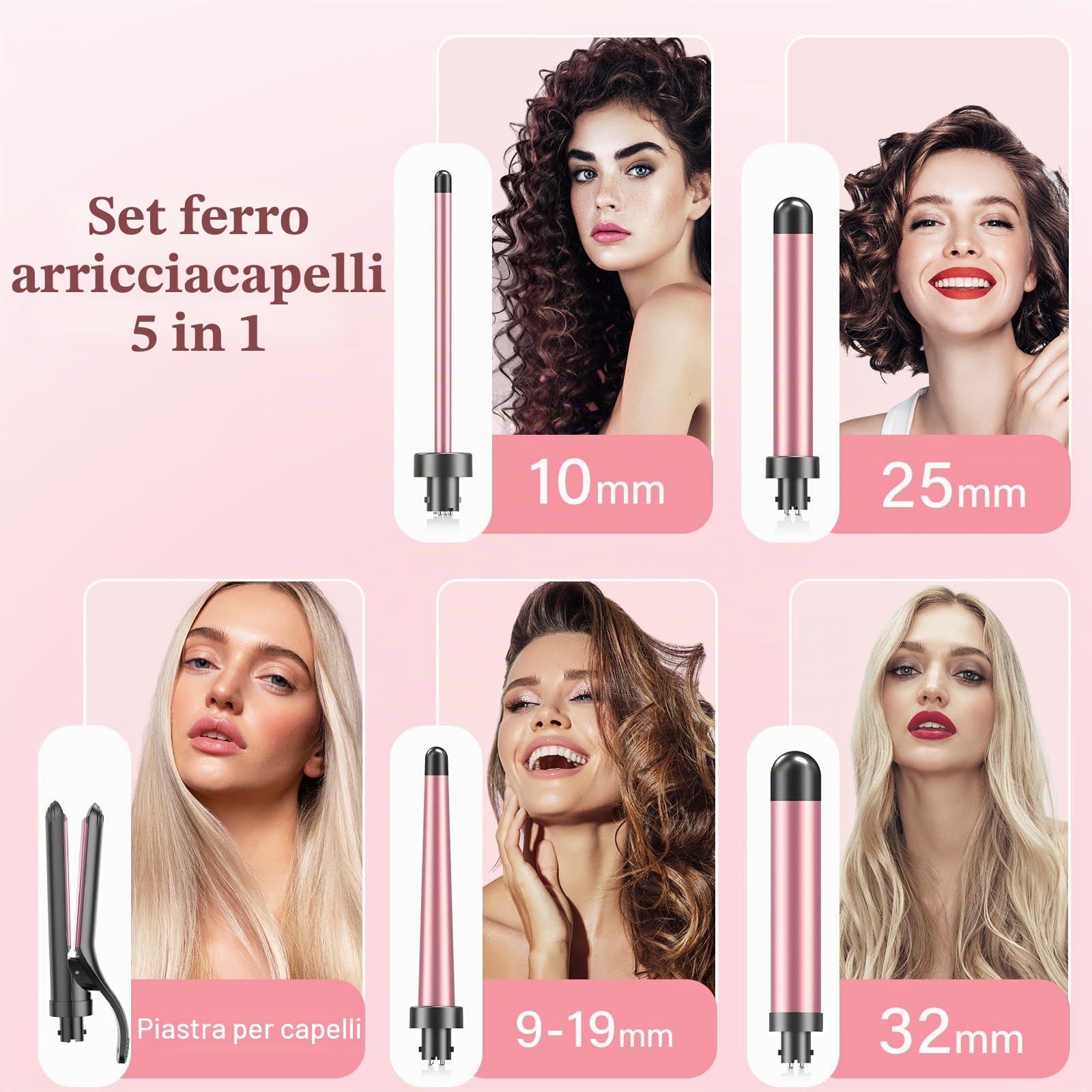 Arricciacapelli 5 in 1 con Piastra - BESTOPE MIX Ferro Arricciacapelli Con Diversi Accessori Per Ricci Grandi E Piccoli, da 10 mm a 32 mm Riscaldamento Rapido, 2 Impostazioni Di Temperatura