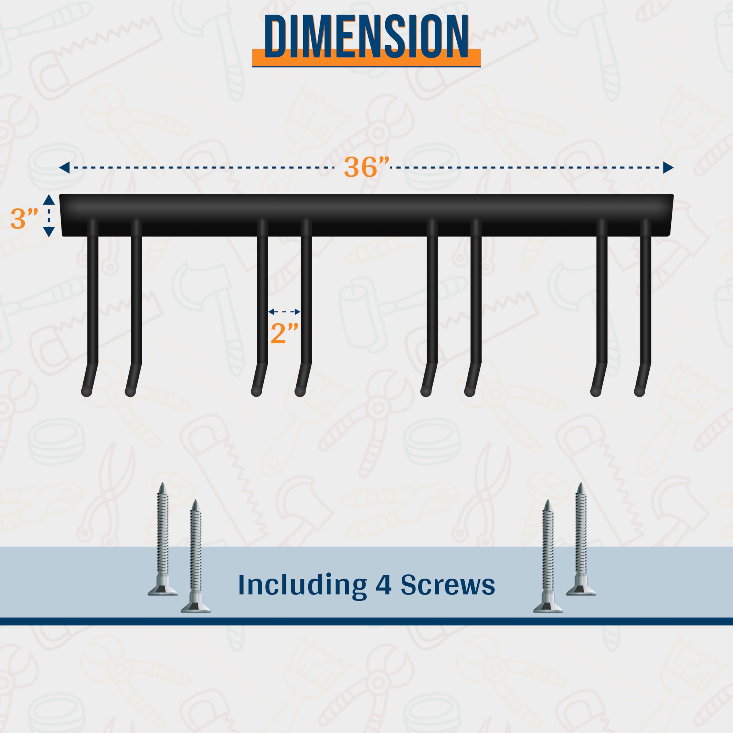 Organizador De Herramientas FEBTECH De Pared: Riel De 36" Con 4 Pares De Ganchos, Acero Aguanta 200 Lb
