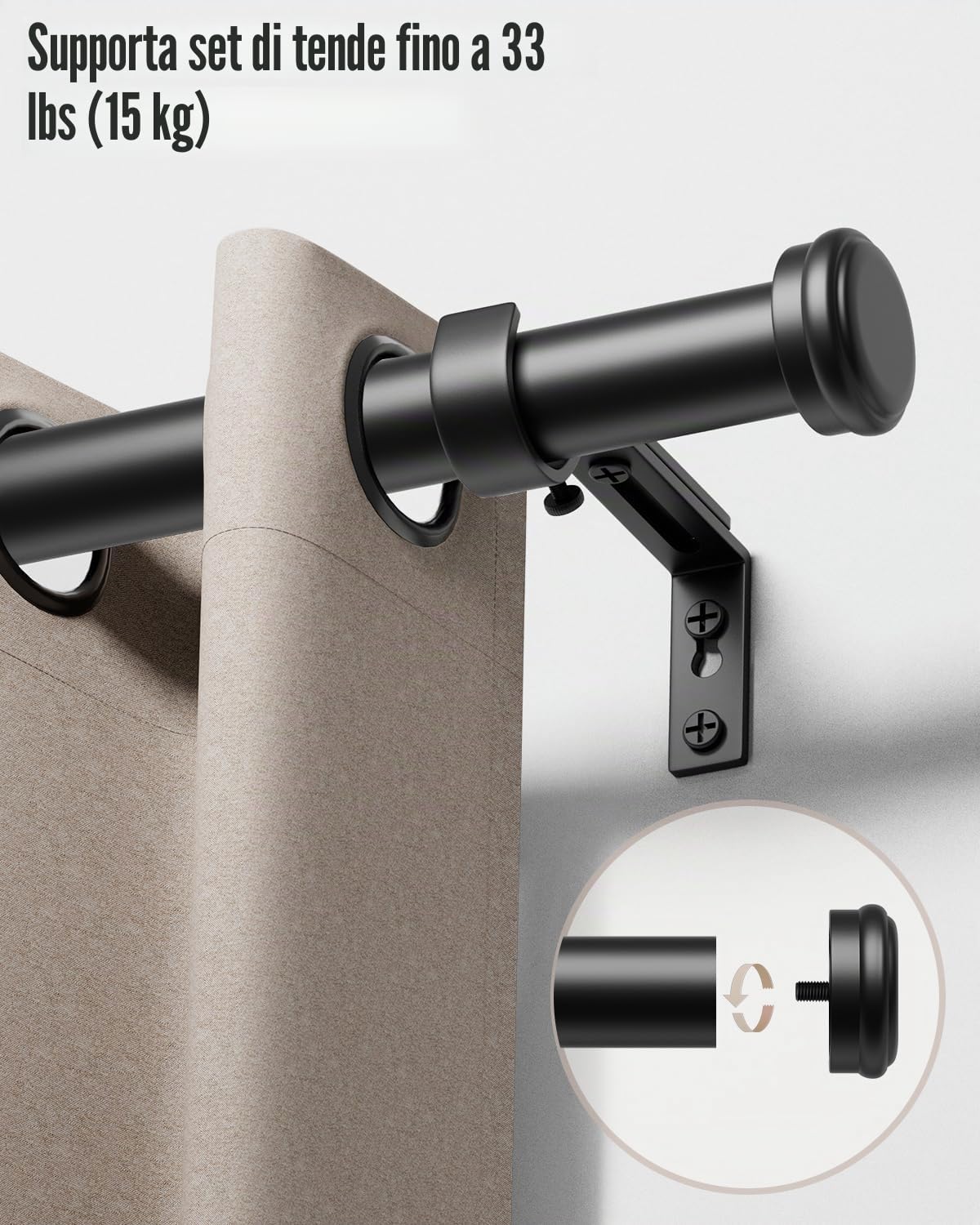 Bastone Tende 80–183 cm, Asta Estensibile Ø25 mm, Bastoni per Tende con Staffe per Finestre di Camera da Letto e Soggiorno, Nero Opaco