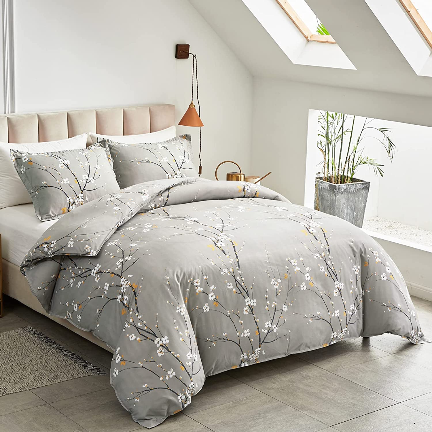 Lanqinglv Bettdecke 155x220cm Ganzjahresdecke 4 Jahreszeiten,Grau Weiß Blätter Blumenmuster Steppdecke für Allergiker Zudecke Schlafdecke Duvet 155x220 mit 1 Kissenbezug 80x80cm