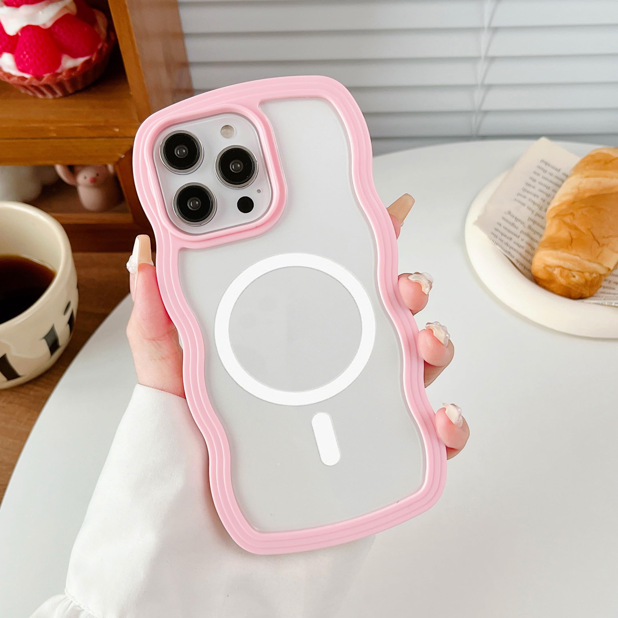 XIZYO Magnetic for iPhone 14 Pro Max Case, Wavy Aesthetic Curly Wave Frame Clear Cute for Women Girls, [Compatible with Magsafe] Slim Soft TPU Shockproof Protective Bumper Case, Pink
