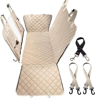 BarkLover 5-in-1 Waterproof Dog Car Seat Cover Hammock for Back Seat - Mesh Window, Pockets, Fits SUV Truck Beige