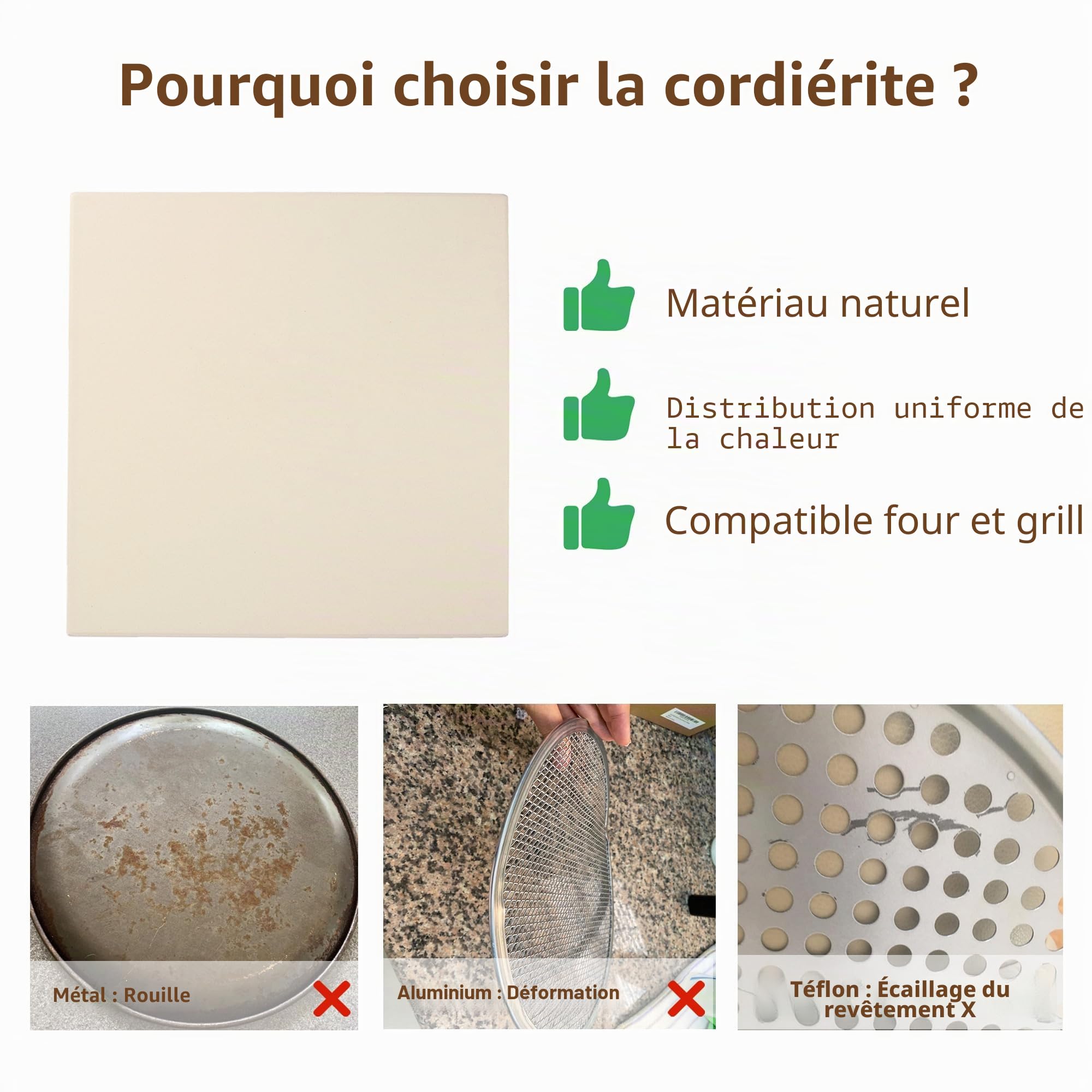 Pierre à pizza carrée en cordiérite pour barbecue, four ou four de camping-car, 30,5 x 30,5 cm